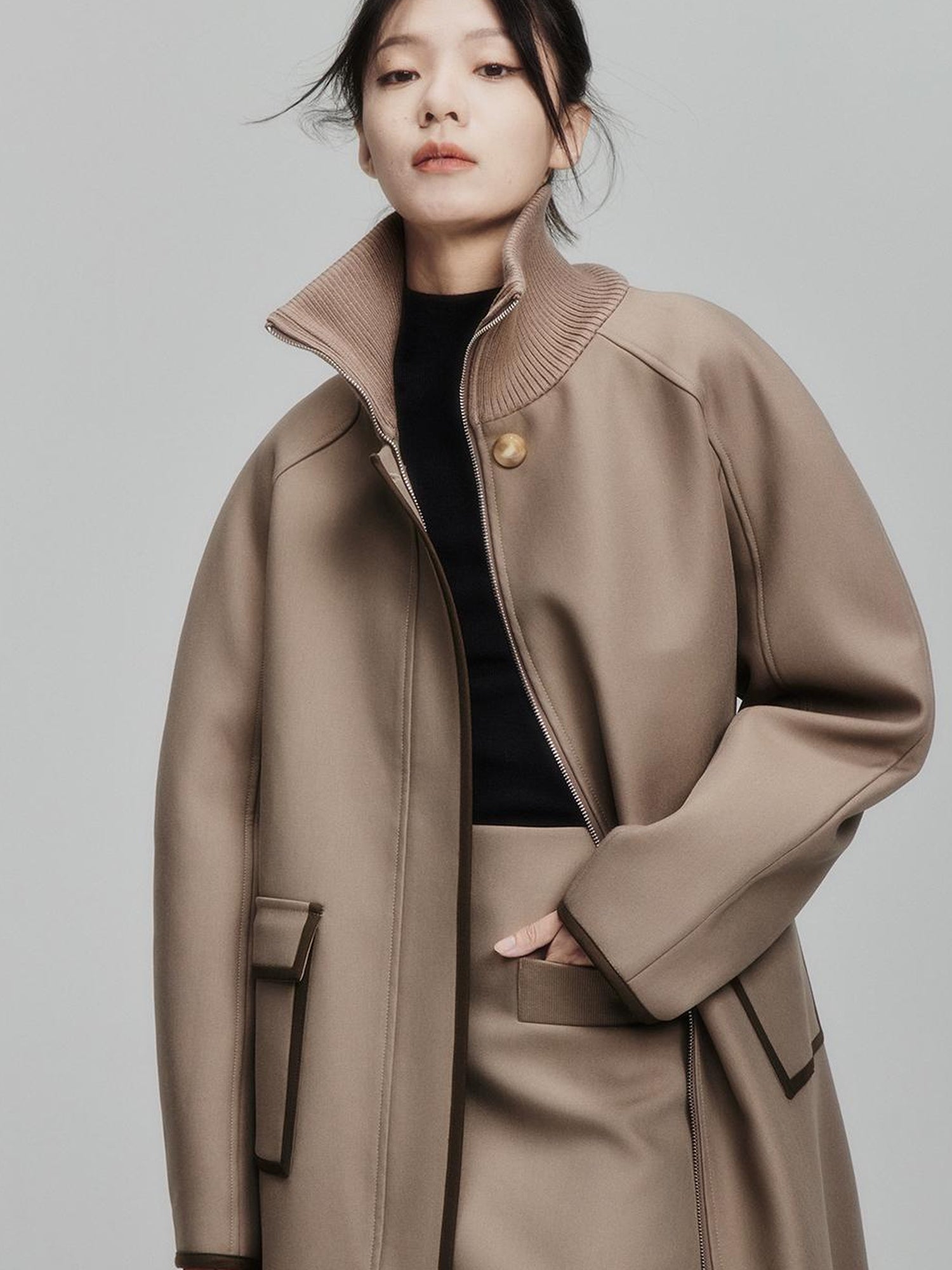 FUSSED Metallic Taupe Silk Touch Quilted Trench Coat