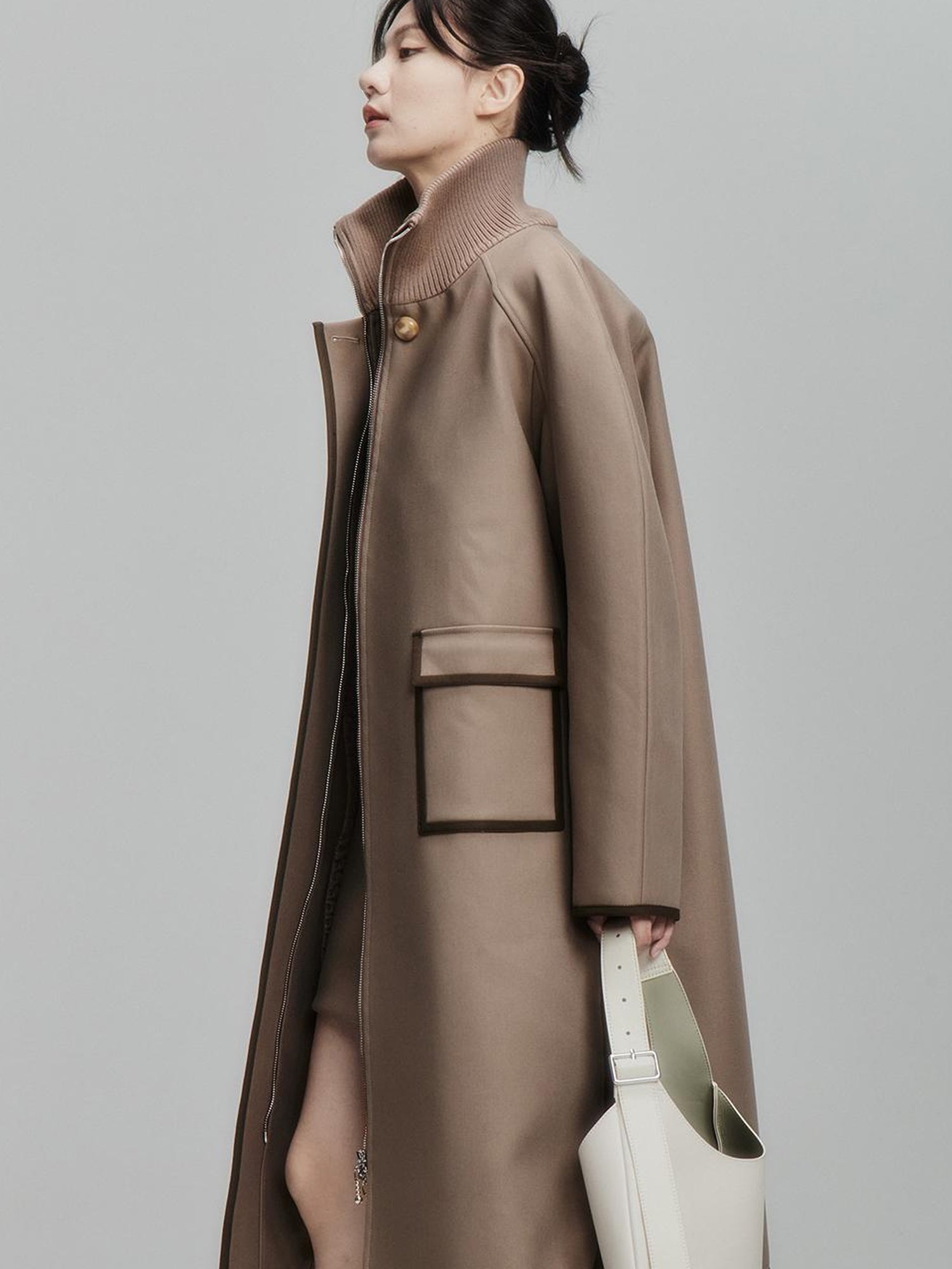 FUSSED Metallic Taupe Silk Touch Quilted Trench Coat