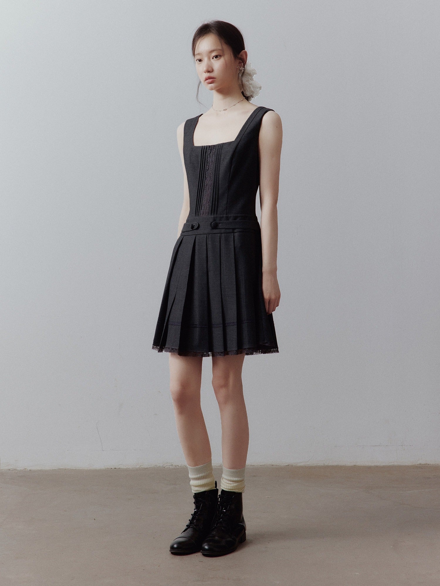 FUSSED Meteorite Gray Pleated Lace Asymmetrical Women&