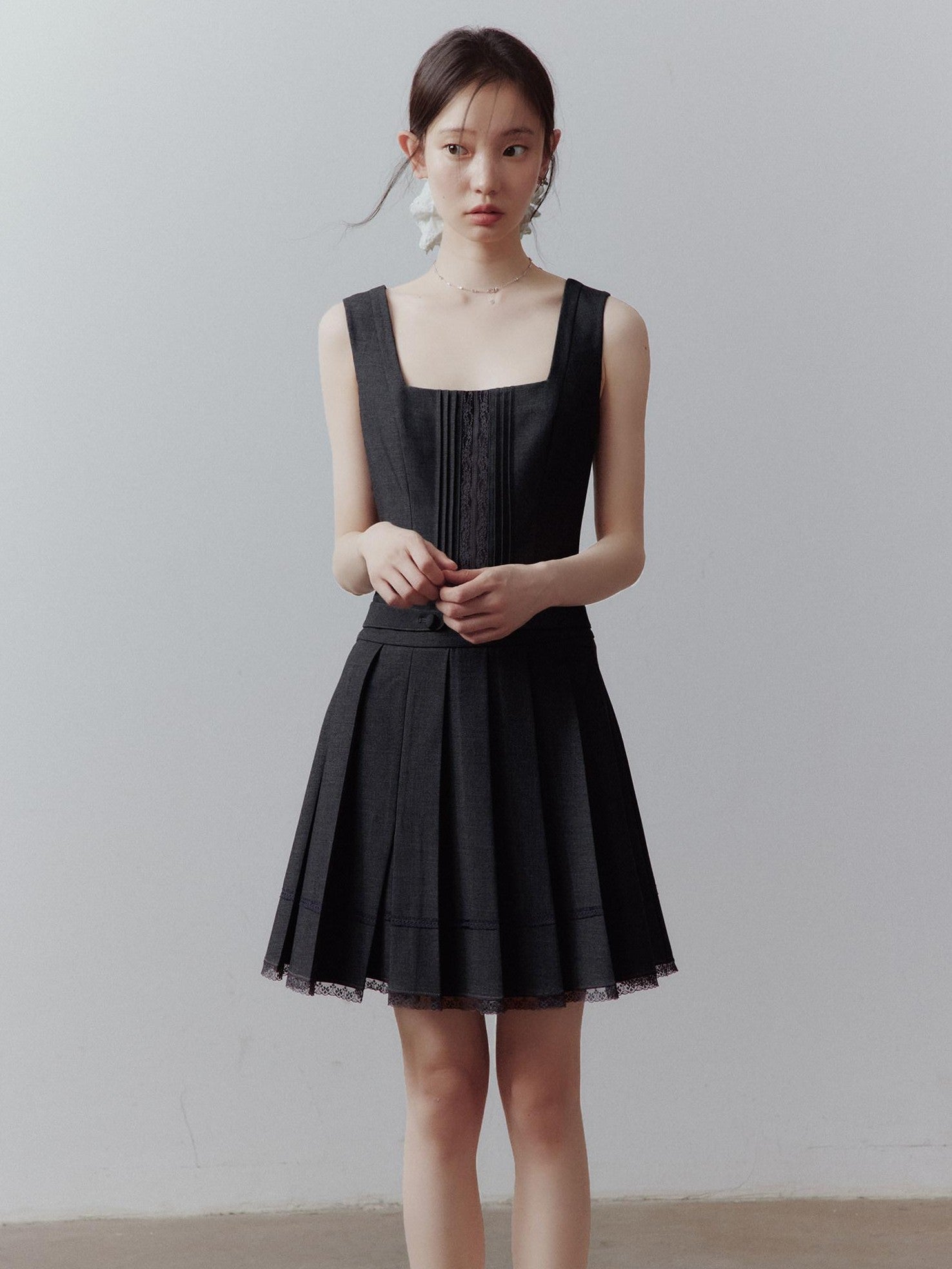 FUSSED Meteorite Gray Pleated Lace Asymmetrical Women&