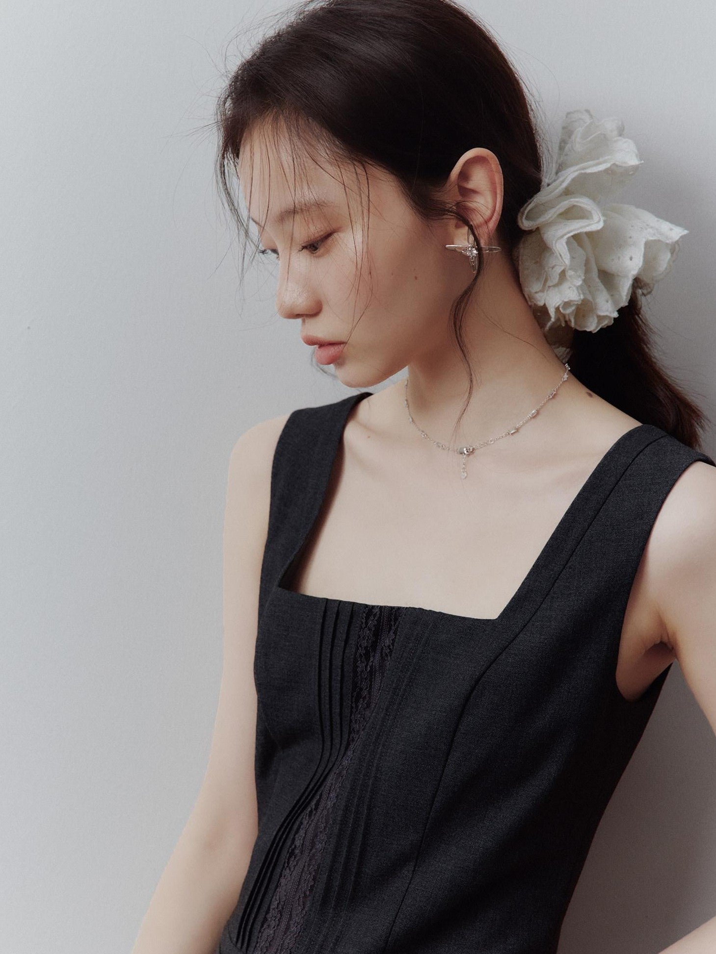 FUSSED Meteorite Gray Pleated Lace Asymmetrical Women&
