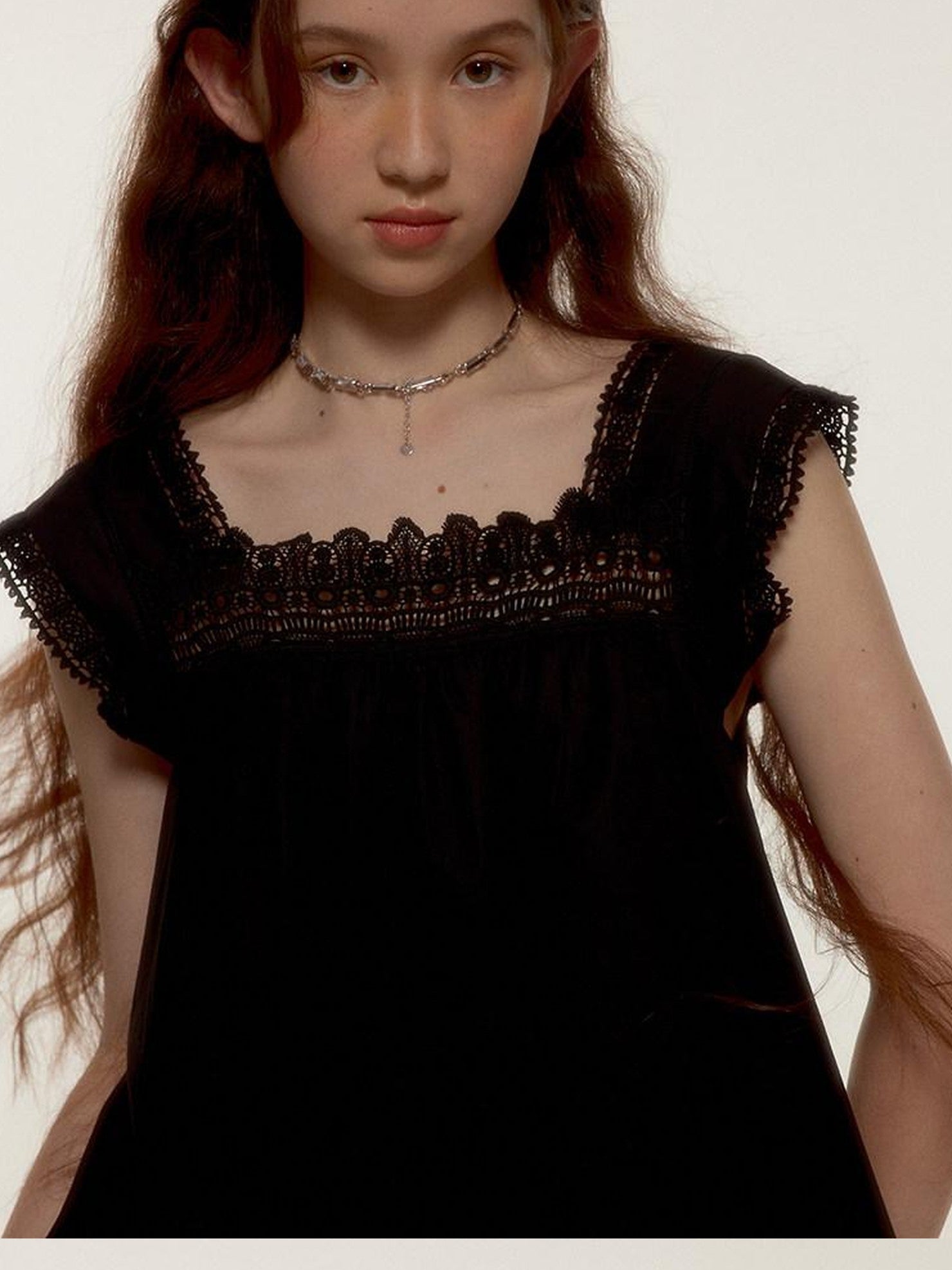 FUSSED Midnight Black Lace Cutout Splice Faux Two Piece Women&