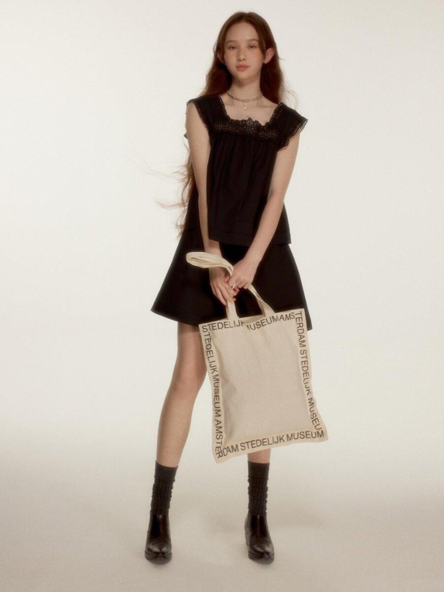 FUSSED Midnight Black Lace Cutout Splice Faux Two Piece Women&