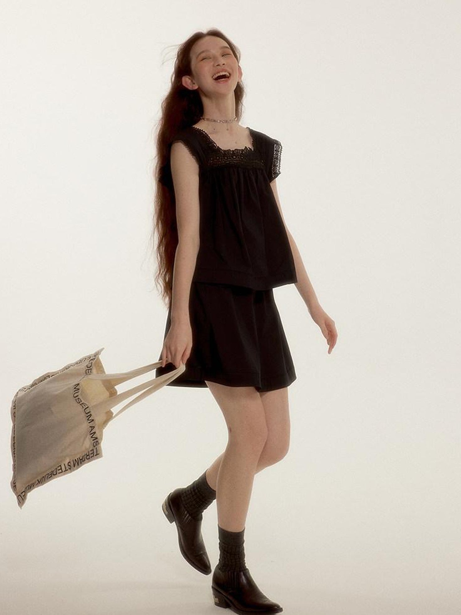 FUSSED Midnight Black Lace Cutout Splice Faux Two Piece Women&