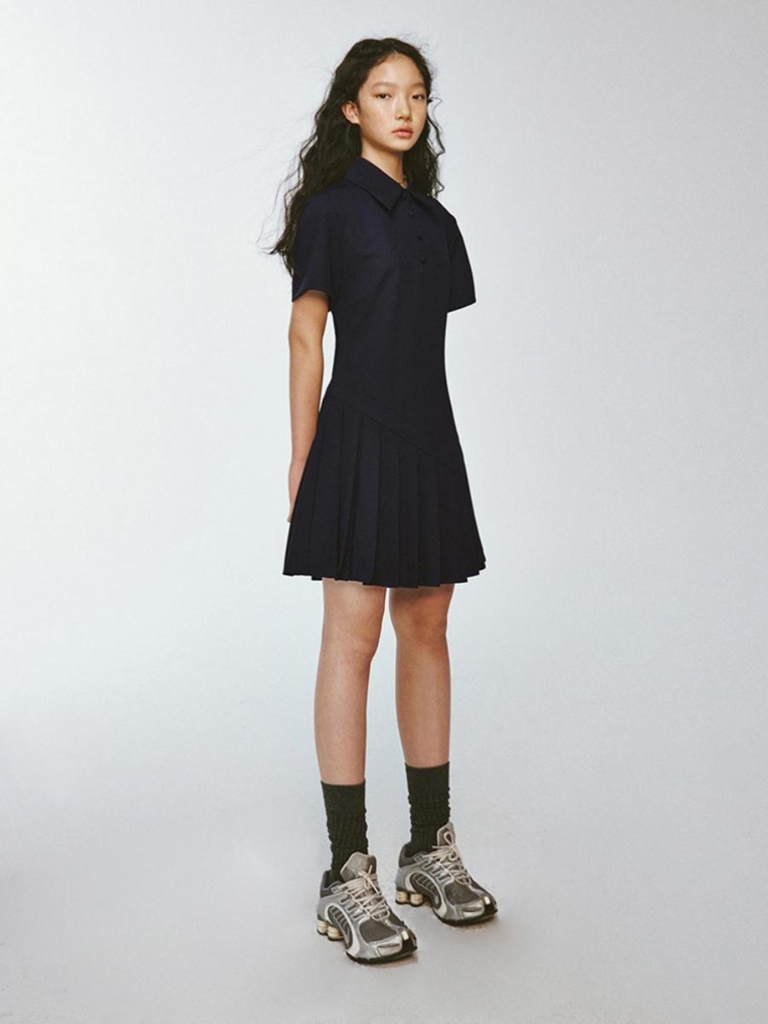 FUSSED Midnight Blue Asymmetrical Pleated Quilted Polo Dress