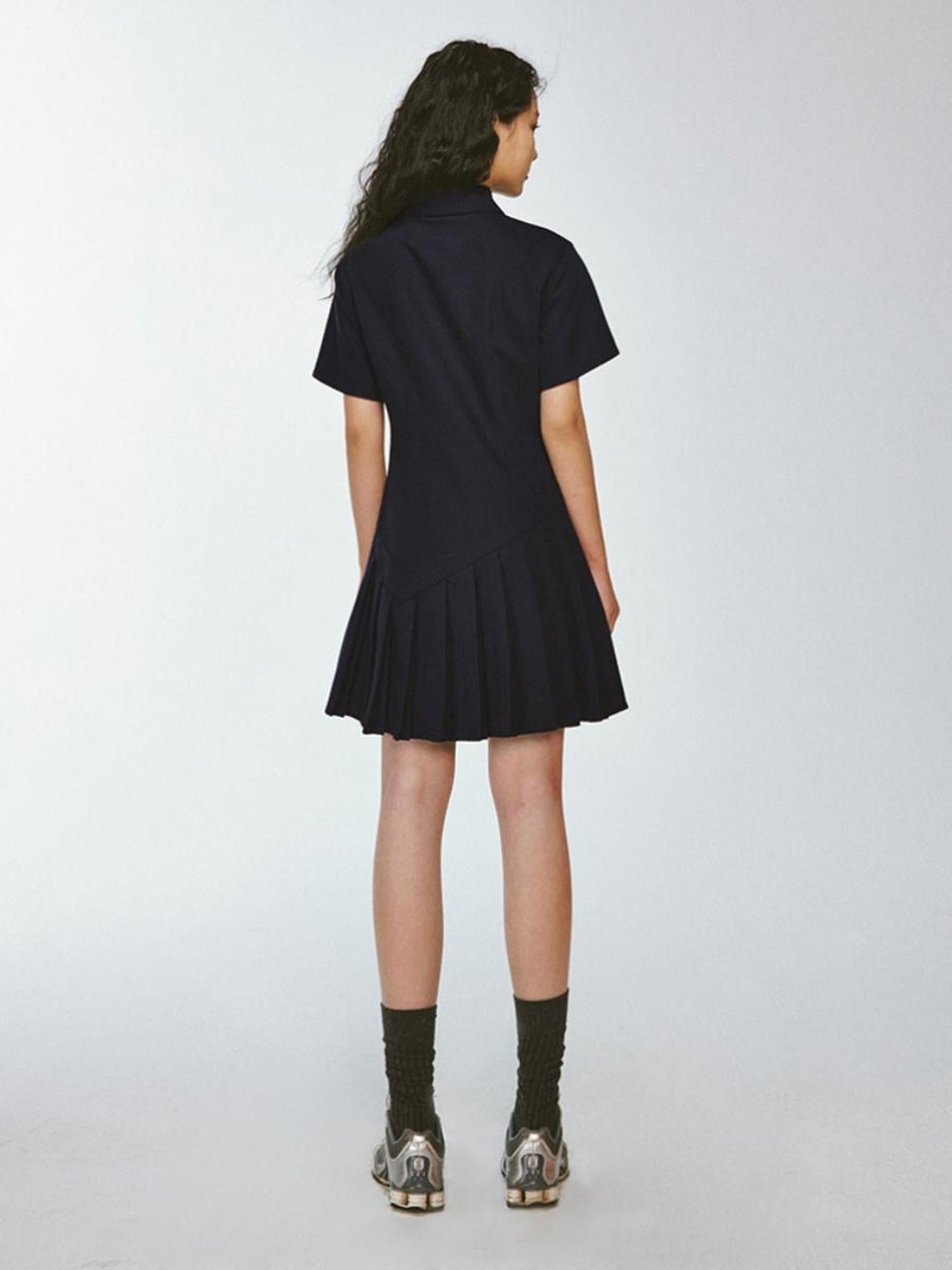 FUSSED Midnight Blue Asymmetrical Pleated Quilted Polo Dress