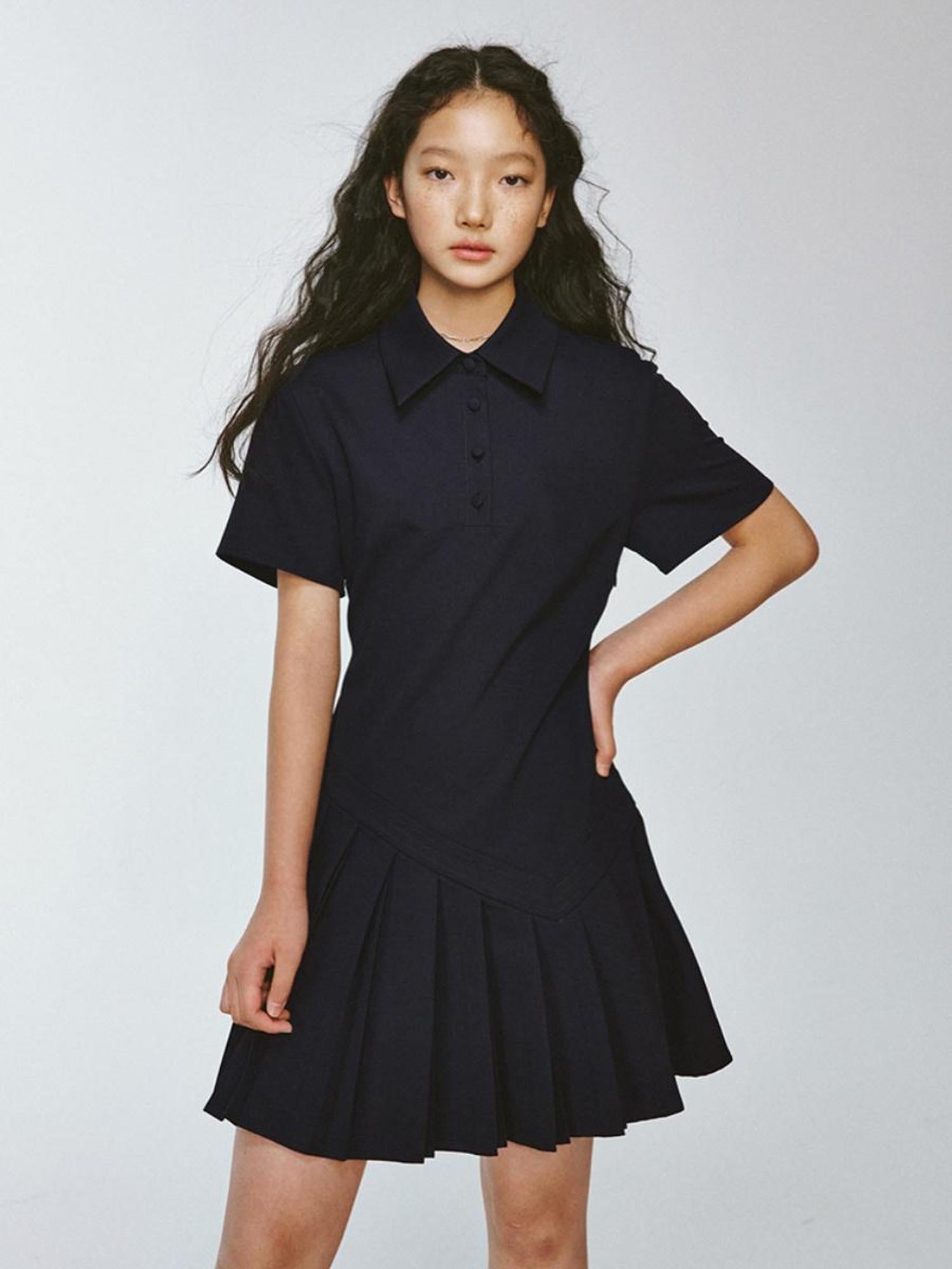 FUSSED Midnight Blue Asymmetrical Pleated Quilted Polo Dress