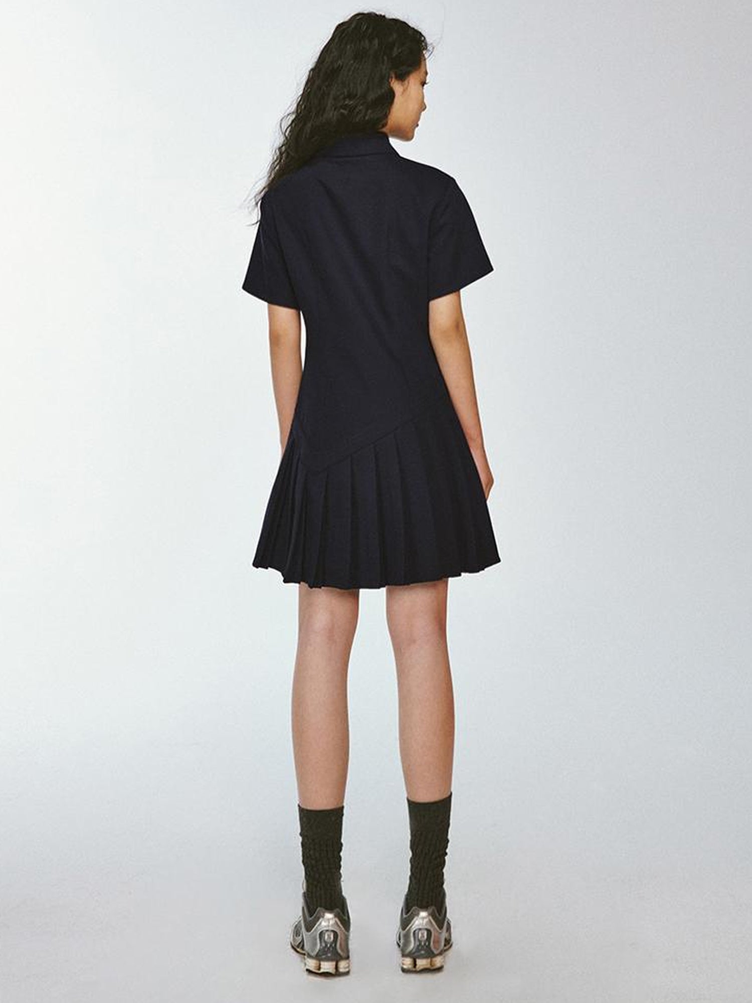 FUSSED Midnight Blue Asymmetrical Pleated Quilted Polo Dress