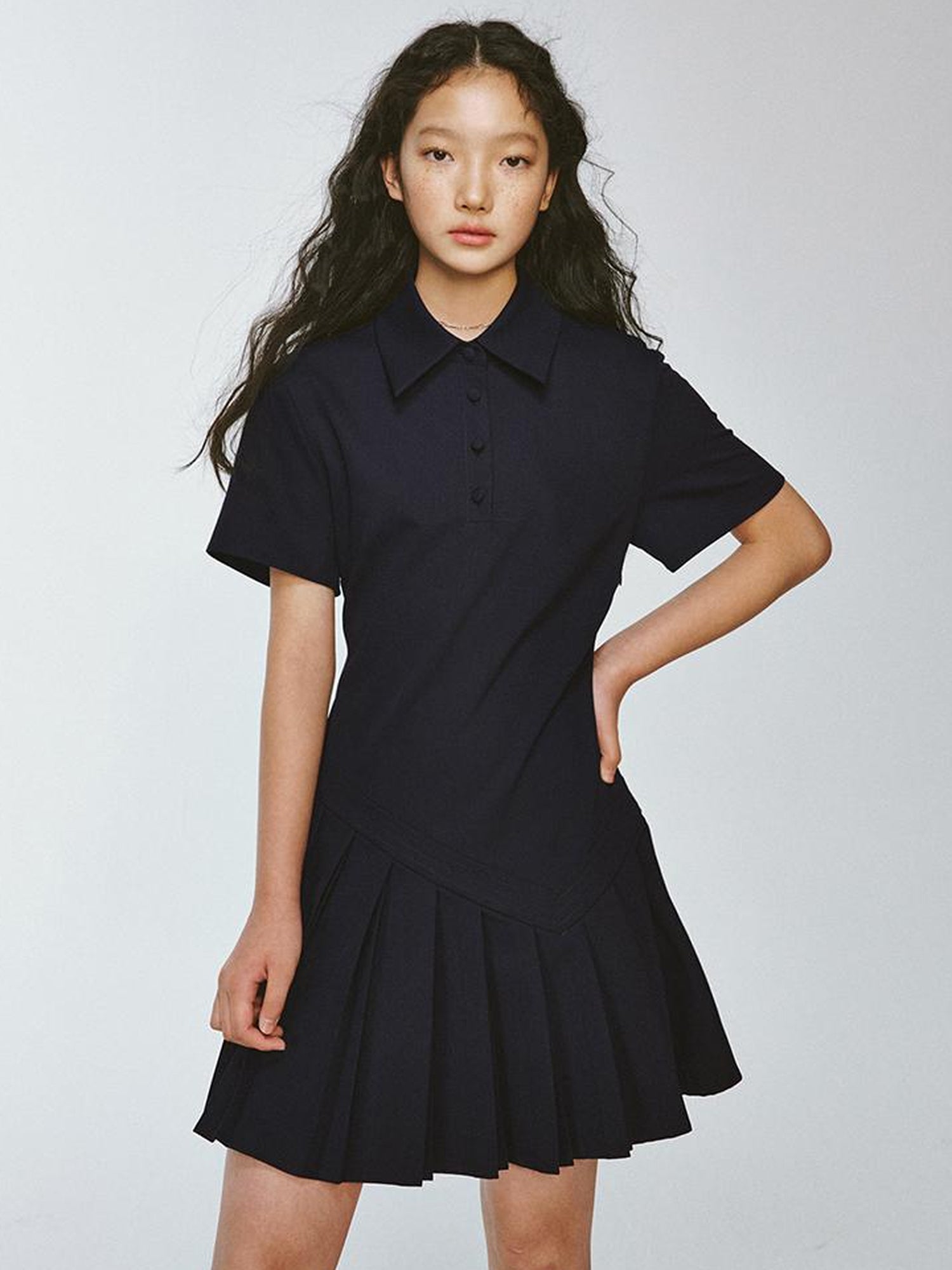 FUSSED Midnight Blue Asymmetrical Pleated Quilted Polo Dress