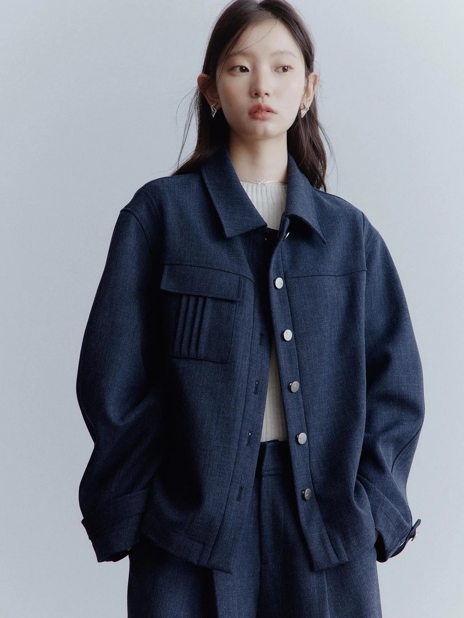 Midnight Blue Deconstructed Wool Blend Jacket With Asymmetrical Pockets