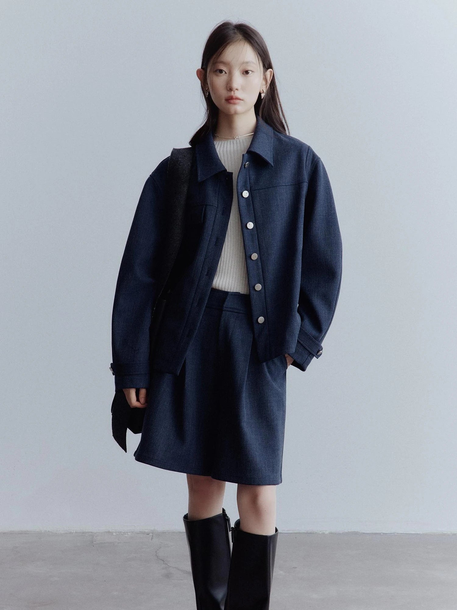 Midnight Blue Deconstructed Wool Blend Jacket With Asymmetrical Pockets