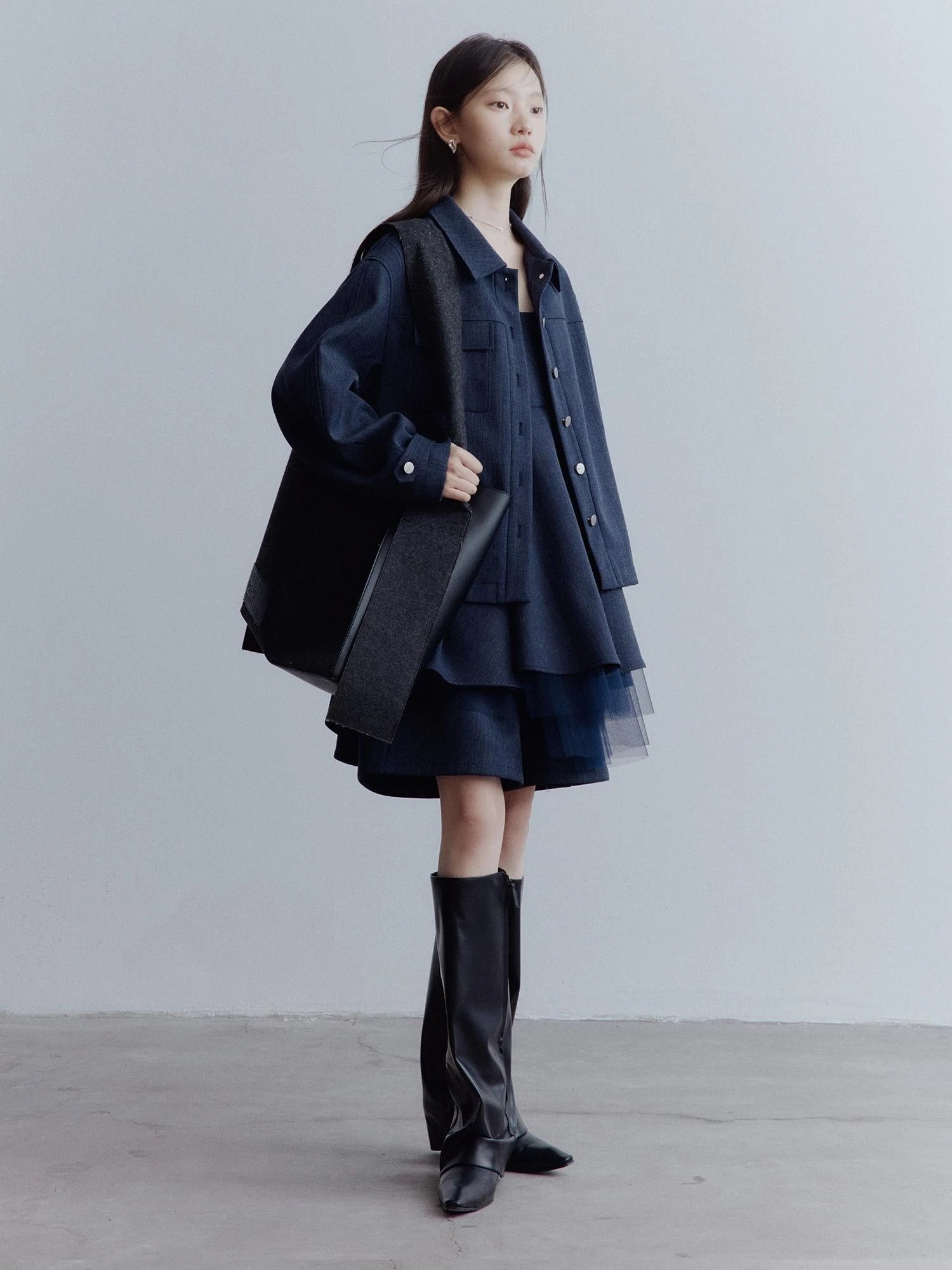 Midnight Blue Deconstructed Wool Blend Jacket With Asymmetrical Pockets