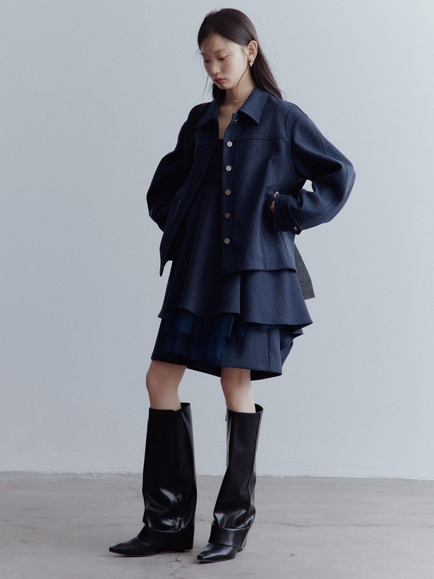 FUSSED Midnight Blue Deconstructed Wool Blend Jacket With Asymmetrical Pockets