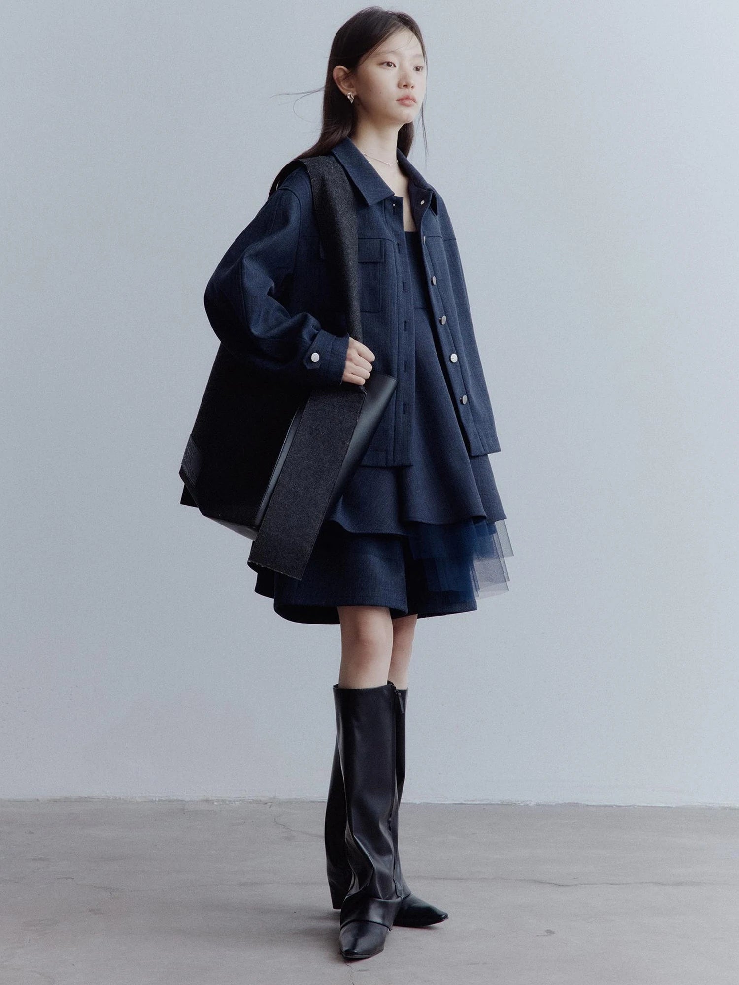 Midnight Blue Deconstructed Wool Blend Jacket With Asymmetrical Pockets