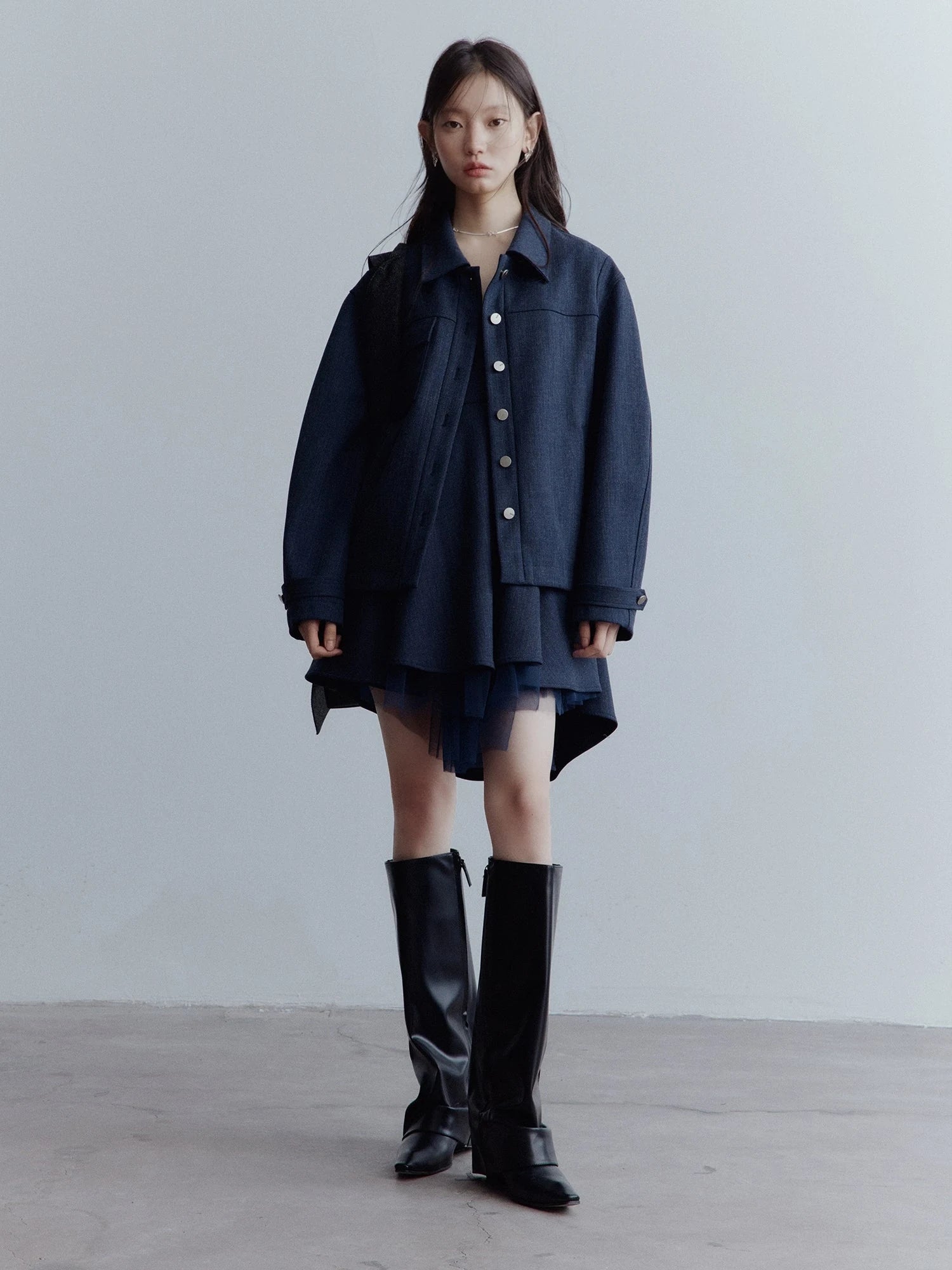 Midnight Blue Deconstructed Wool Blend Jacket With Asymmetrical Pockets
