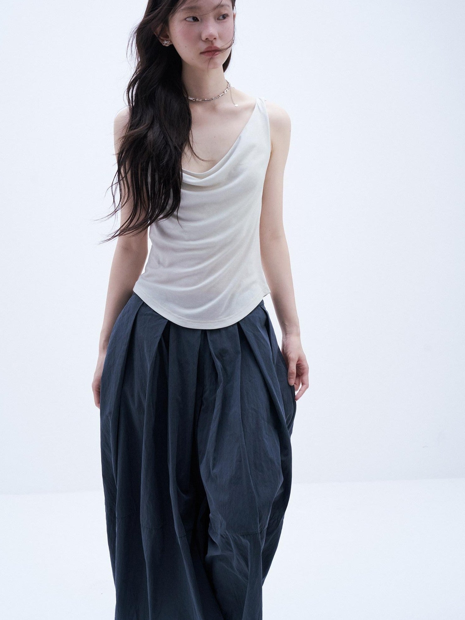 FUSSED Midnight Blue Layered Pleated Distressed Wide Leg Women&