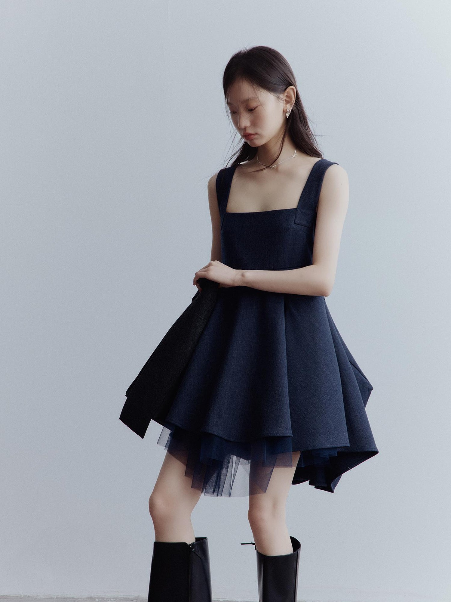 FUSSED Midnight Blue Manta Ray Deconstructed Layered Tulle Babydoll Dress