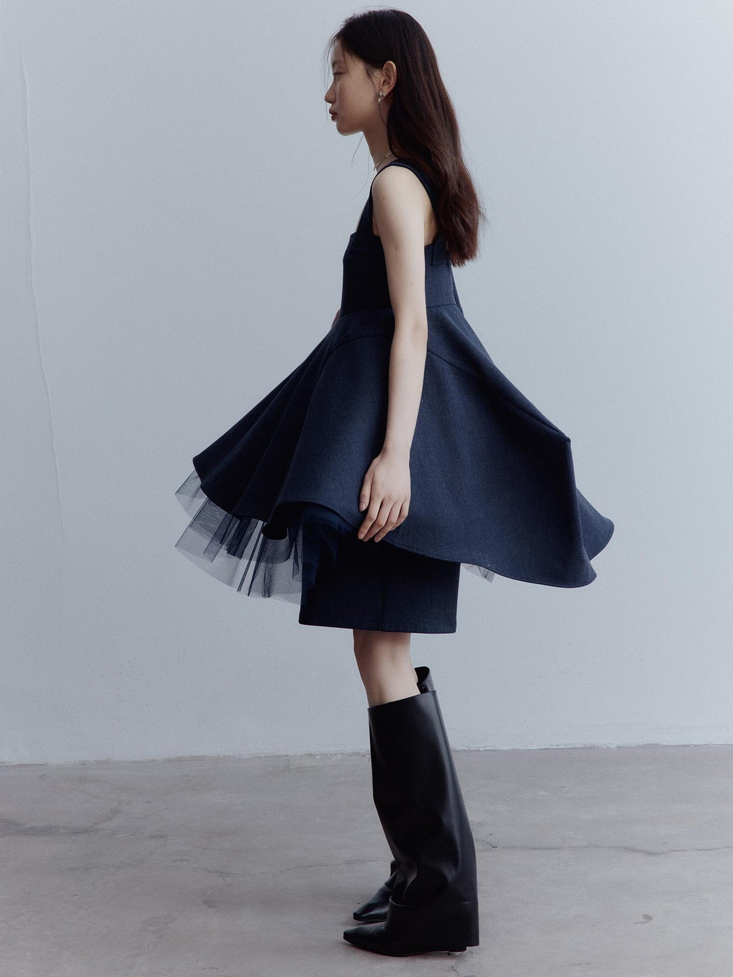 FUSSED Midnight Blue Manta Ray Deconstructed Layered Tulle Babydoll Dress