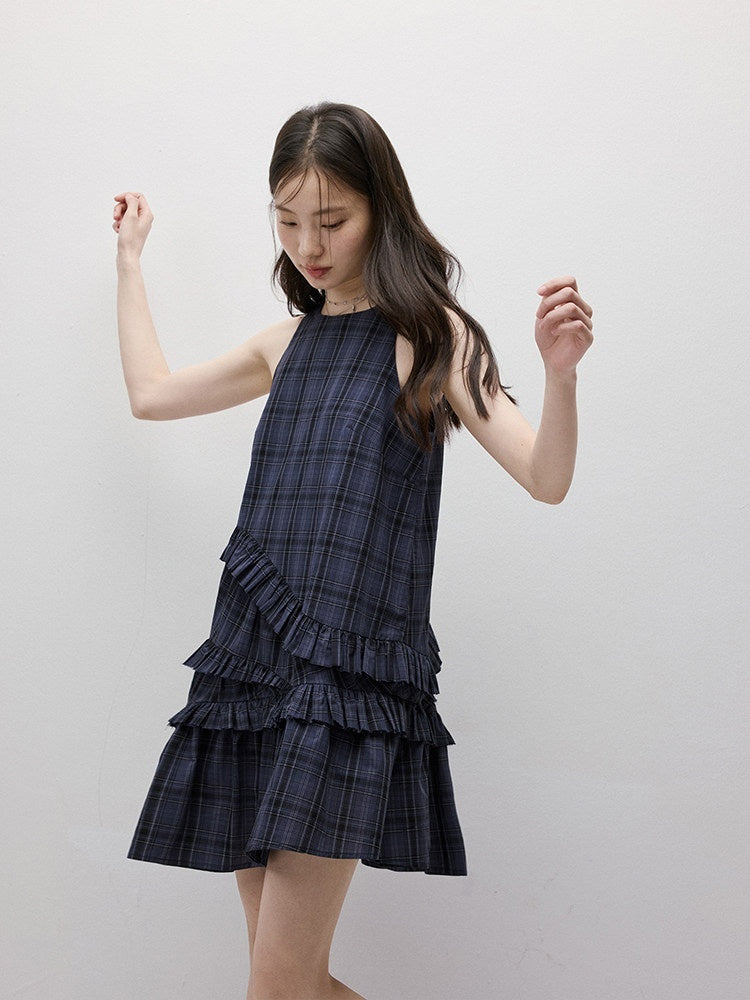 FUSSED_Midnight_Blue_Plaid_Asymmetric_Ruffle_Women&