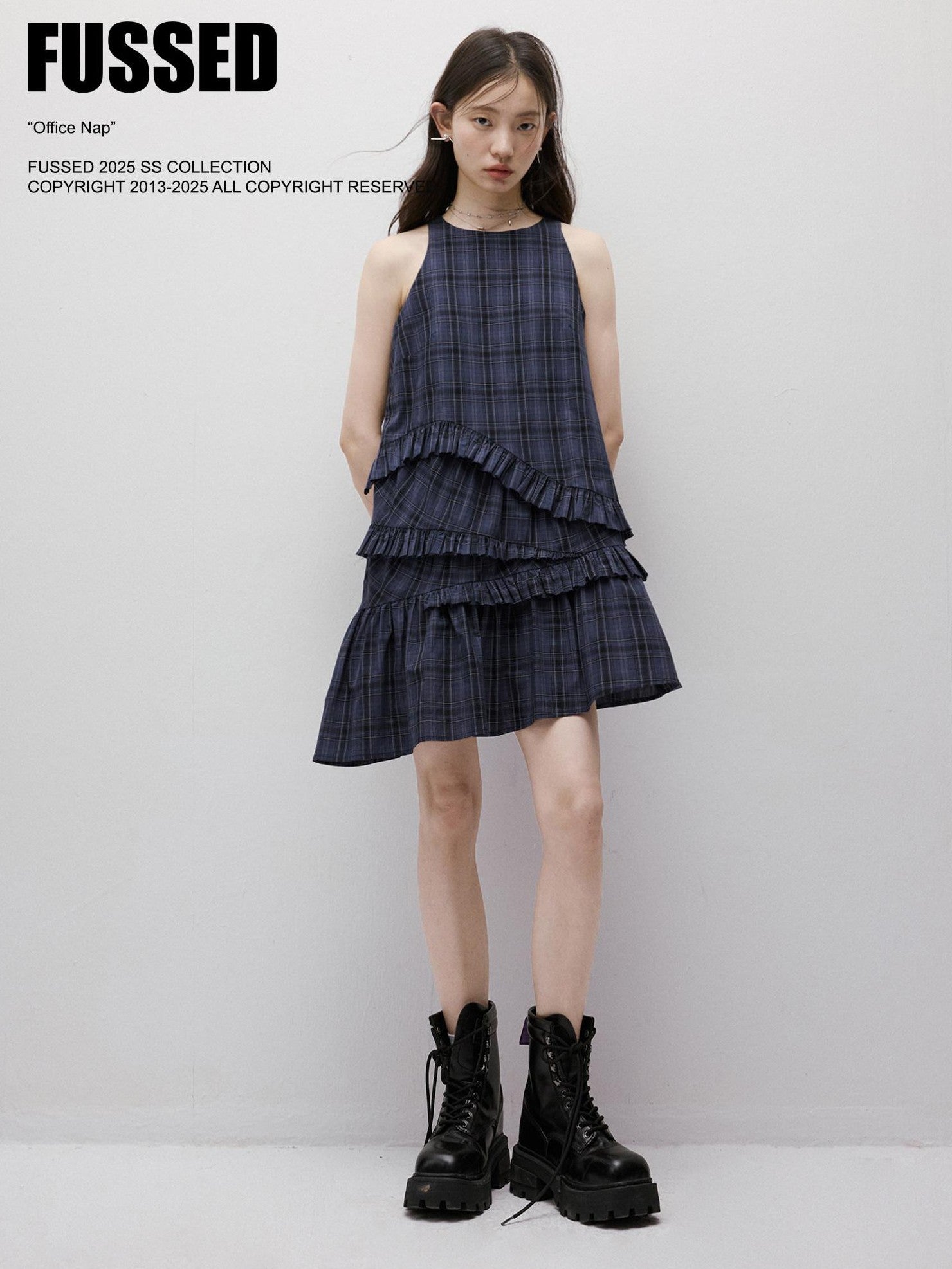 FUSSED Midnight Blue Plaid Asymmetric Ruffle Women&