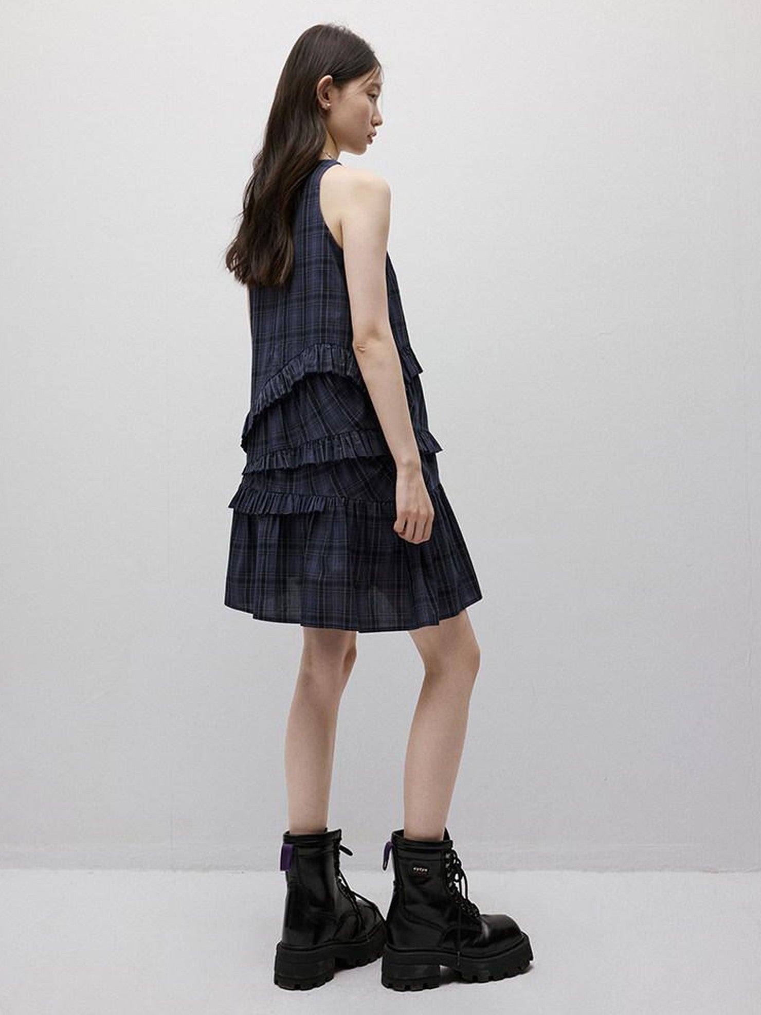 FUSSED Midnight Blue Plaid Asymmetric Ruffle Women&