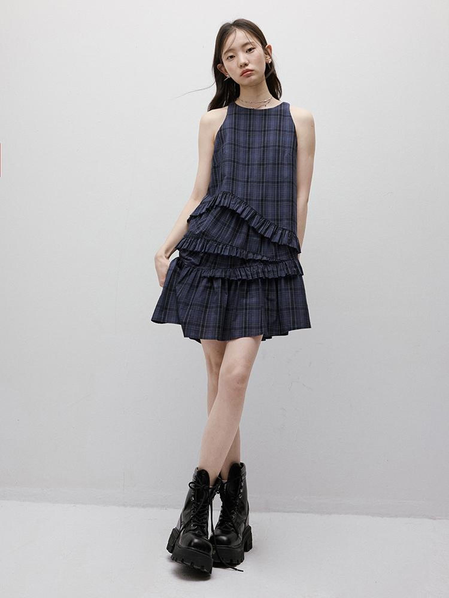 FUSSED Midnight Blue Tartan Asymmetrical Ruffle Hem Dress