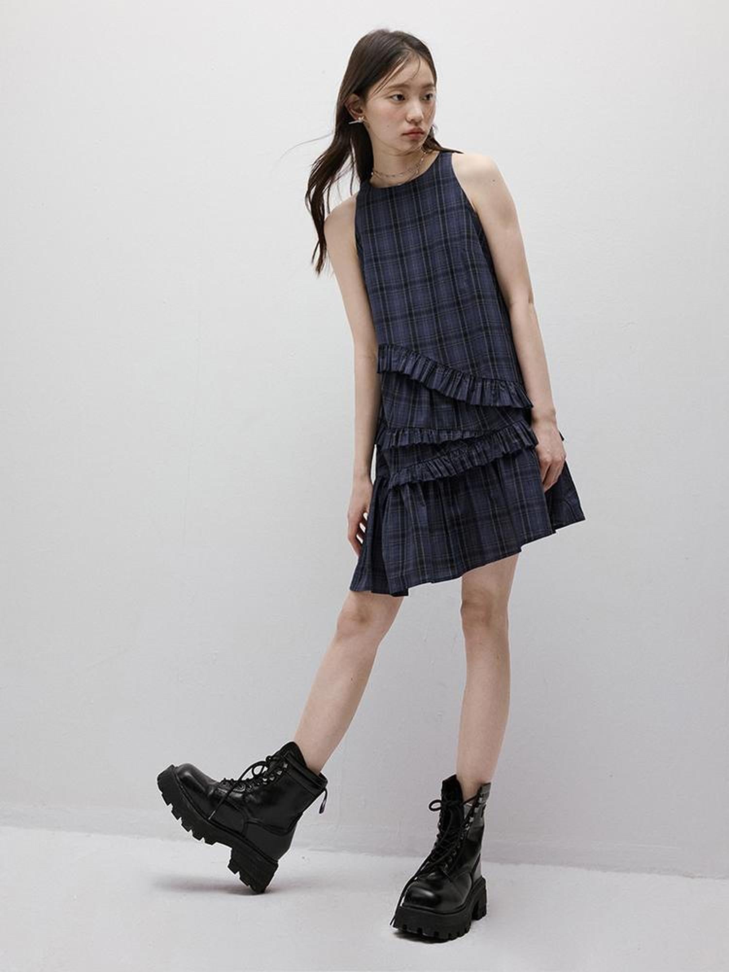 FUSSED Midnight Blue Tartan Asymmetrical Ruffle Hem Dress
