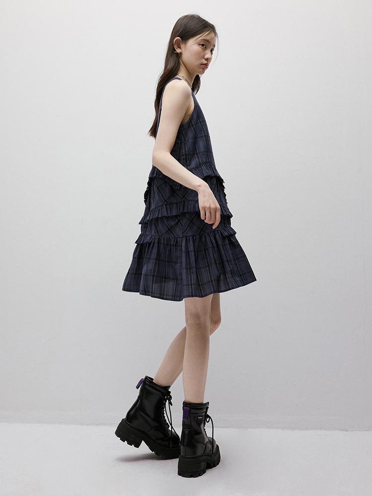 FUSSED Midnight Blue Tartan Asymmetrical Ruffle Hem Dress