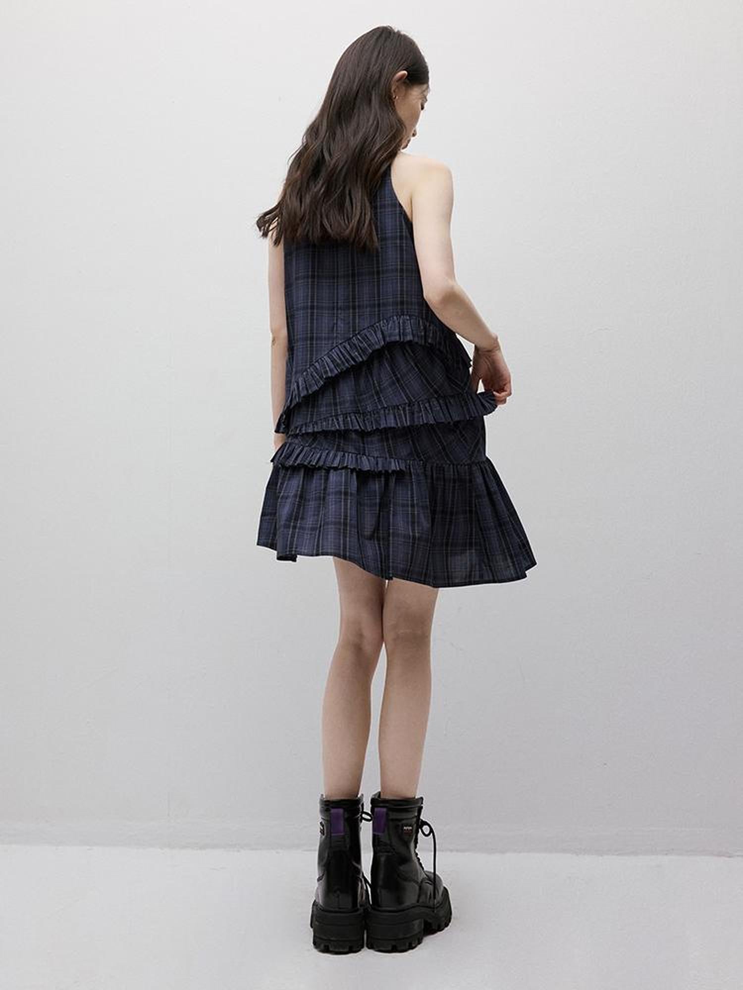 FUSSED Midnight Blue Tartan Asymmetrical Ruffle Hem Dress
