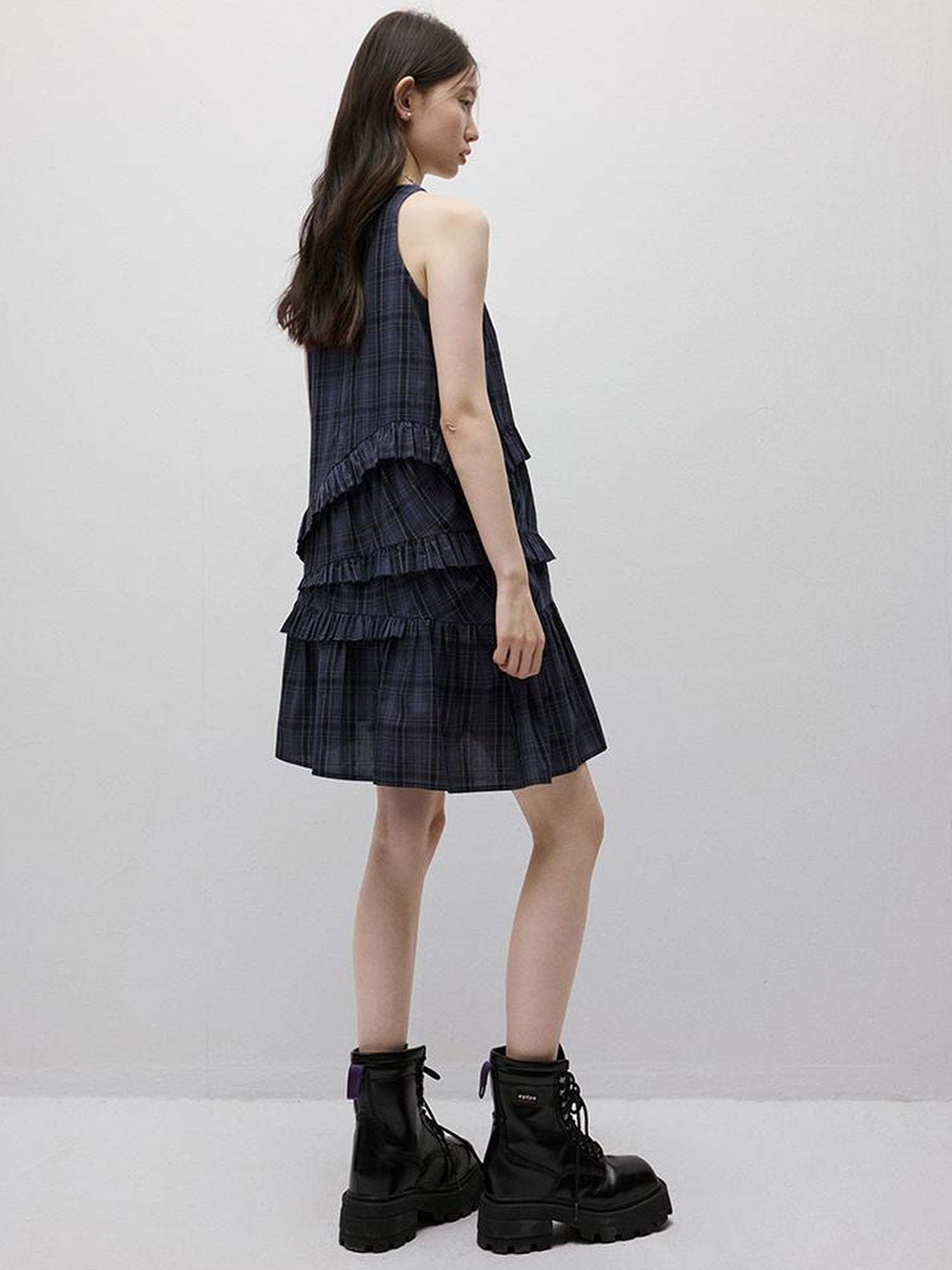 FUSSED Midnight Blue Tartan Asymmetrical Ruffle Hem Dress