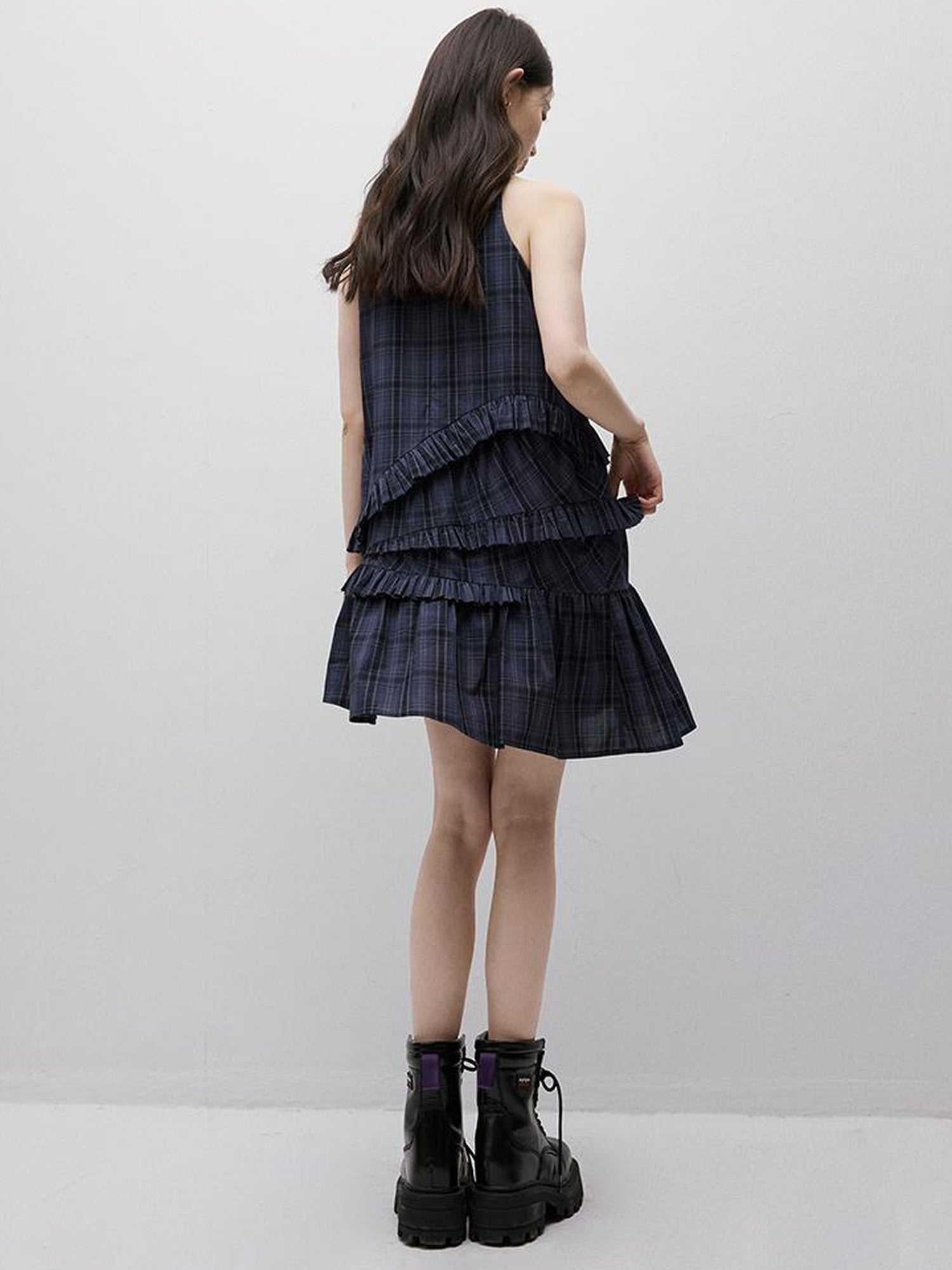 FUSSED Midnight Blue Tartan Asymmetrical Ruffle Hem Dress