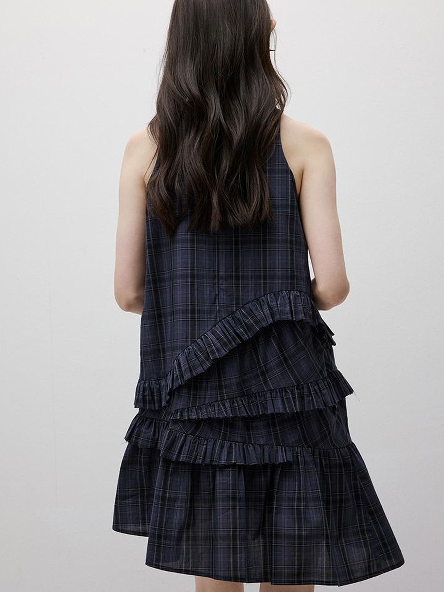 FUSSED Midnight Blue Tartan Asymmetrical Ruffle Hem Dress