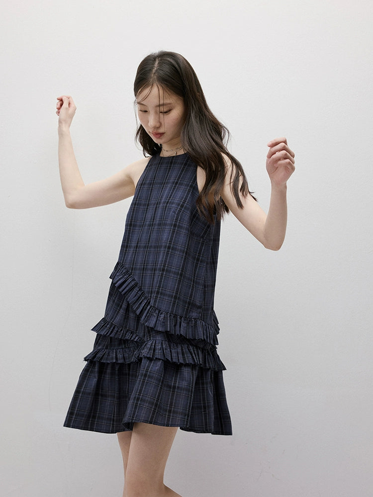 FUSSED_Midnight_Blue_Tartan_Asymmetrical_Ruffle_Hem_Dress_MISSTT