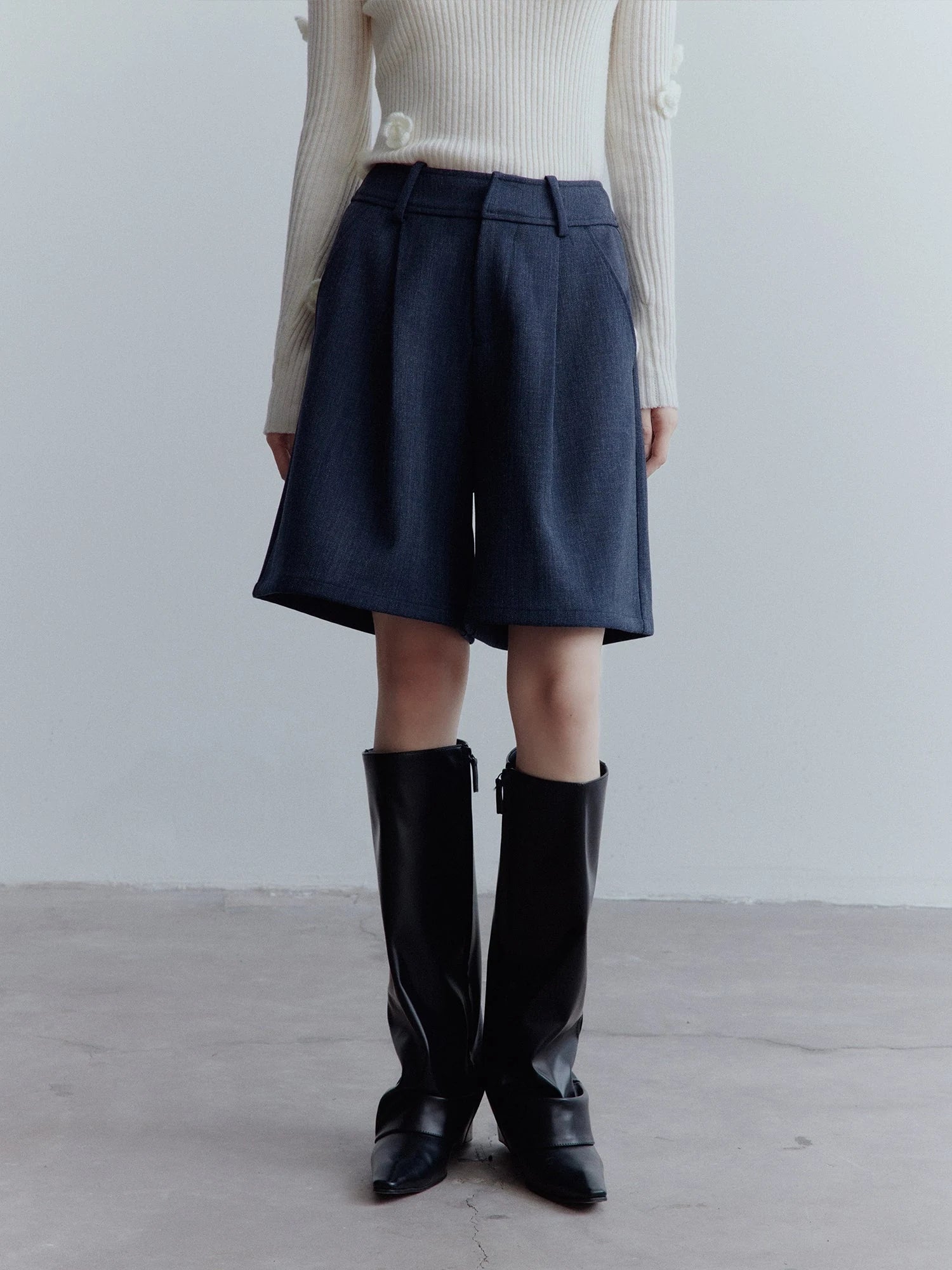 Midnight Blue Wool Blend Wide Leg Shorts