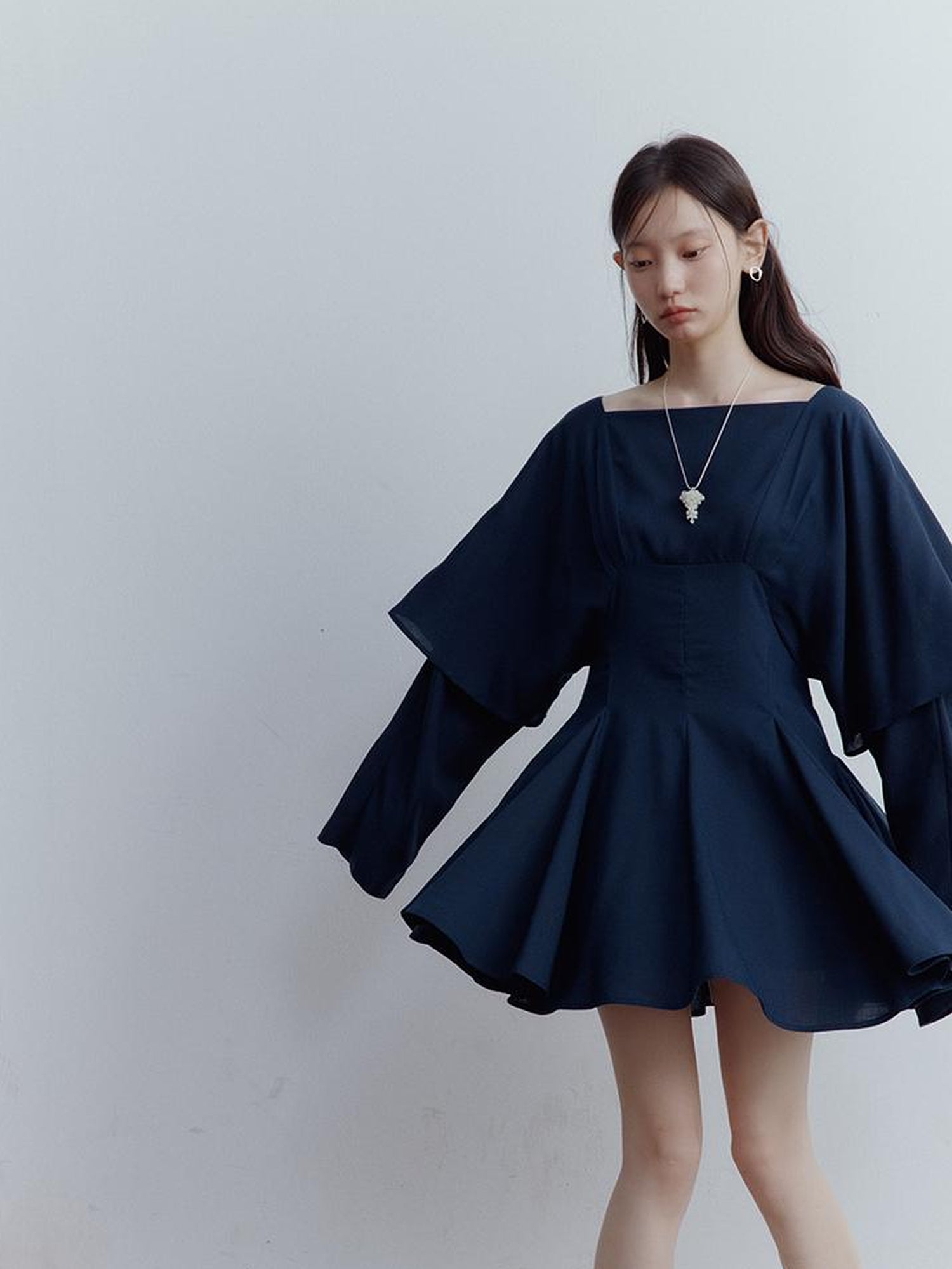 FUSSED Midnight Butterfly Deconstructed Blue Eclipse Tiered Dress V-Neck T-Shirt Long-Sleeve