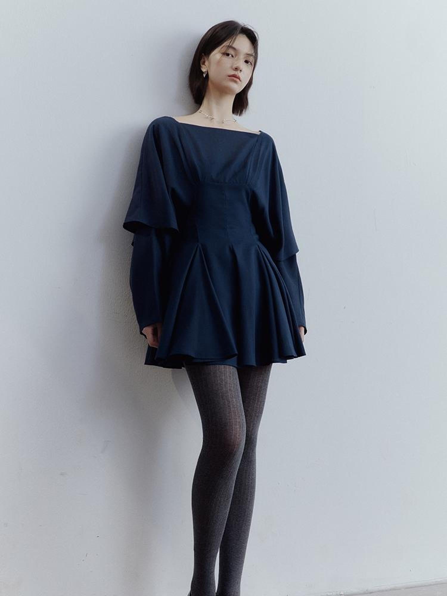 FUSSED Midnight Butterfly Deconstructed Blue Eclipse Tiered Dress V-Neck T-Shirt Long-Sleeve