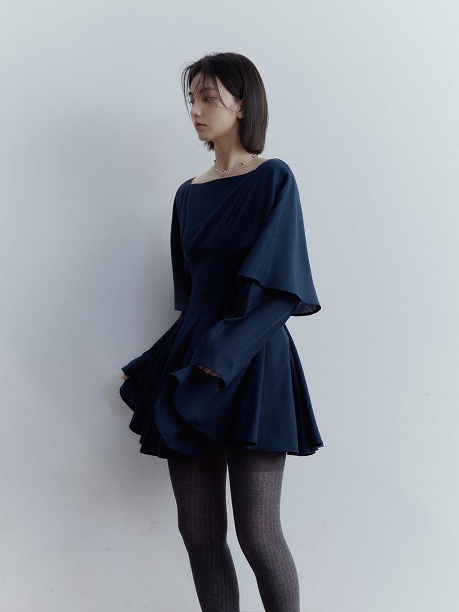 FUSSED Midnight Butterfly Deconstructed Blue Eclipse Tiered Dress V-Neck T-Shirt Long-Sleeve