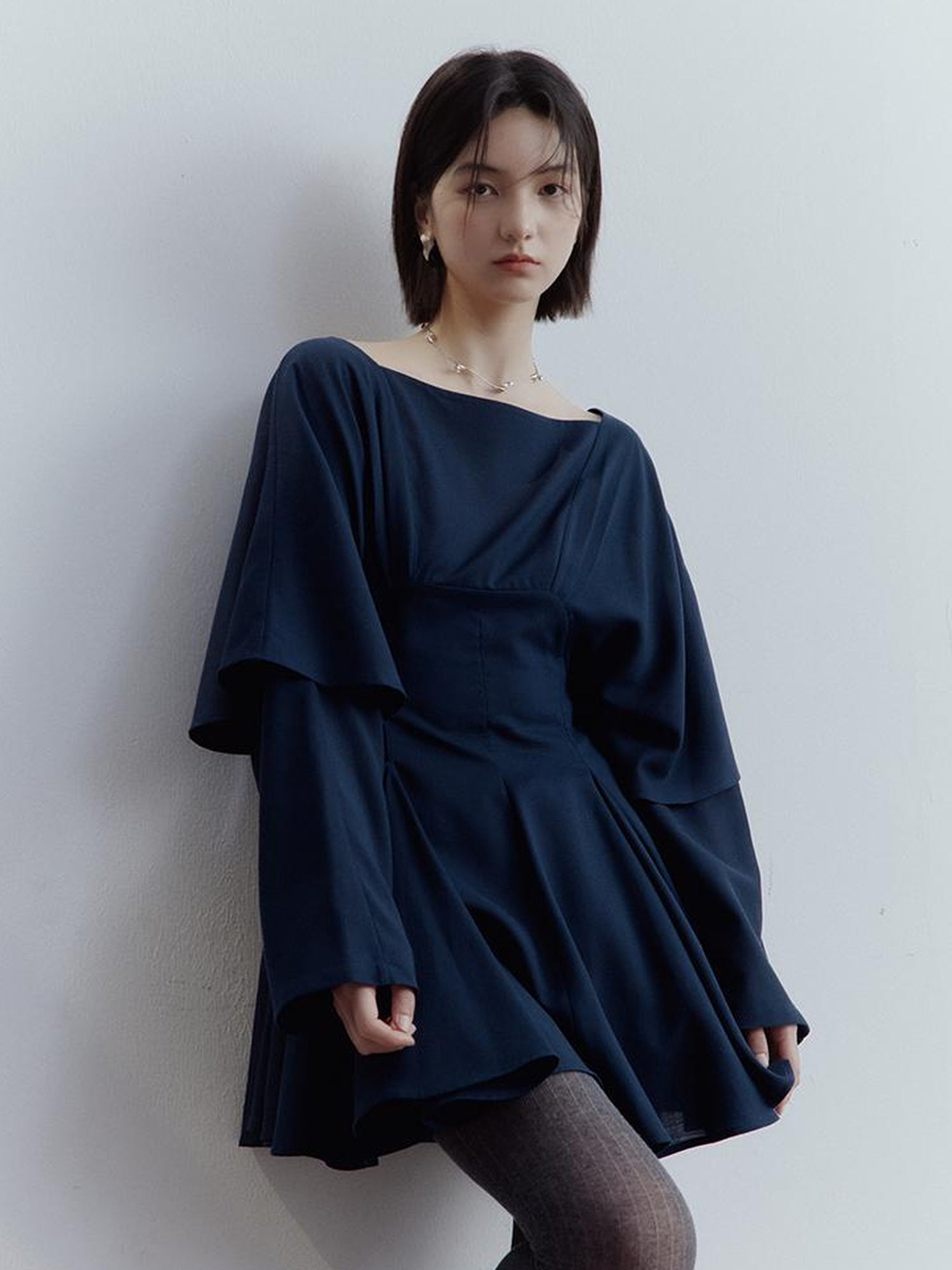 FUSSED Midnight Butterfly Deconstructed Blue Eclipse Tiered Dress V-Neck T-Shirt Long-Sleeve