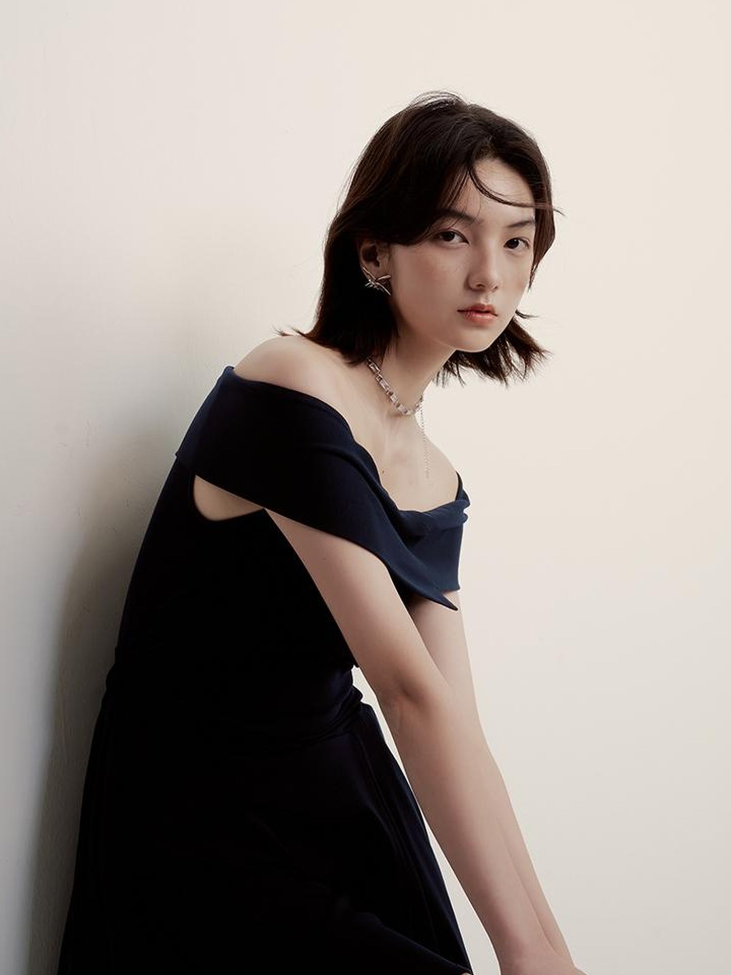 FUSSED Midnight Flight Prussian Blue Asymmetric One Shoulder Dress