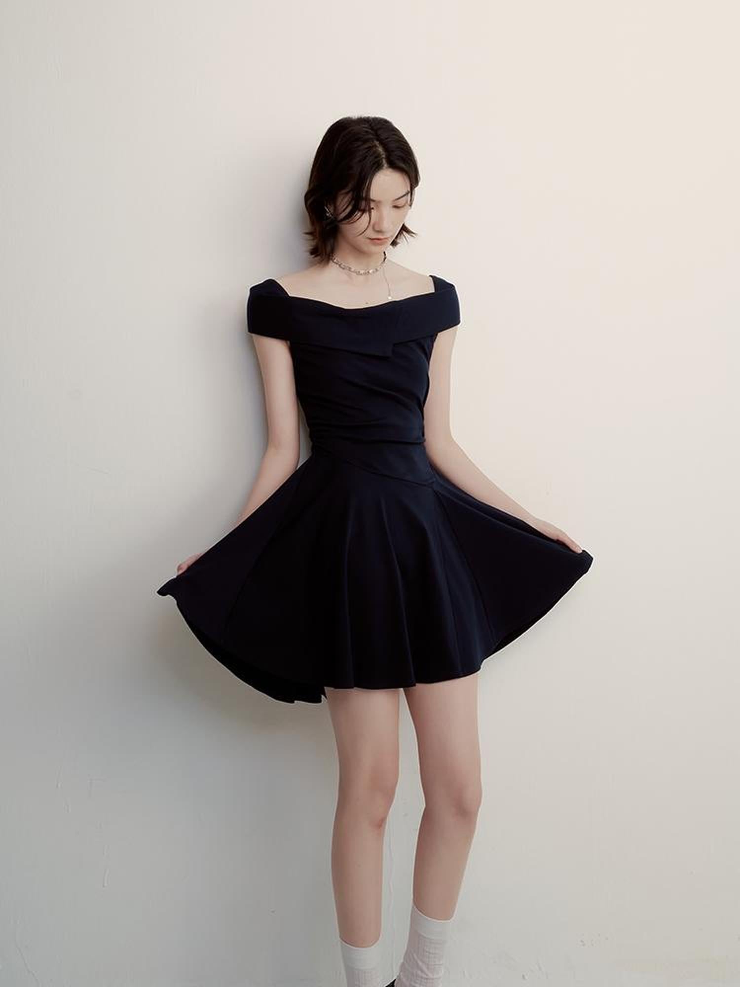 FUSSED Midnight Flight Prussian Blue Asymmetric One Shoulder Dress