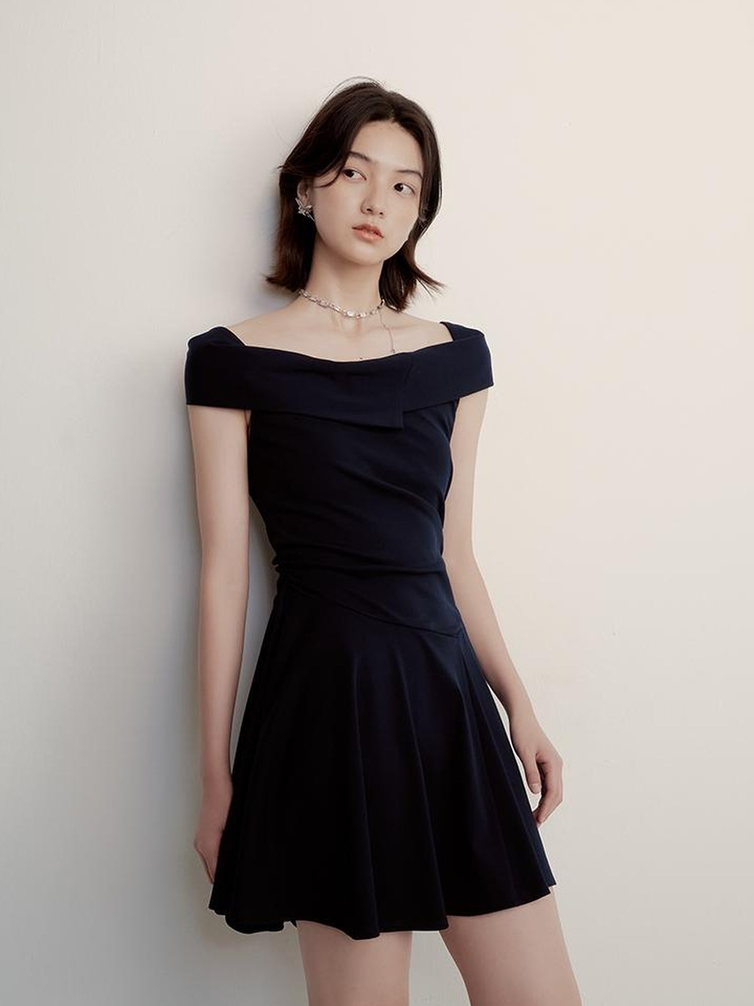 FUSSED Midnight Flight Prussian Blue Asymmetric One Shoulder Dress