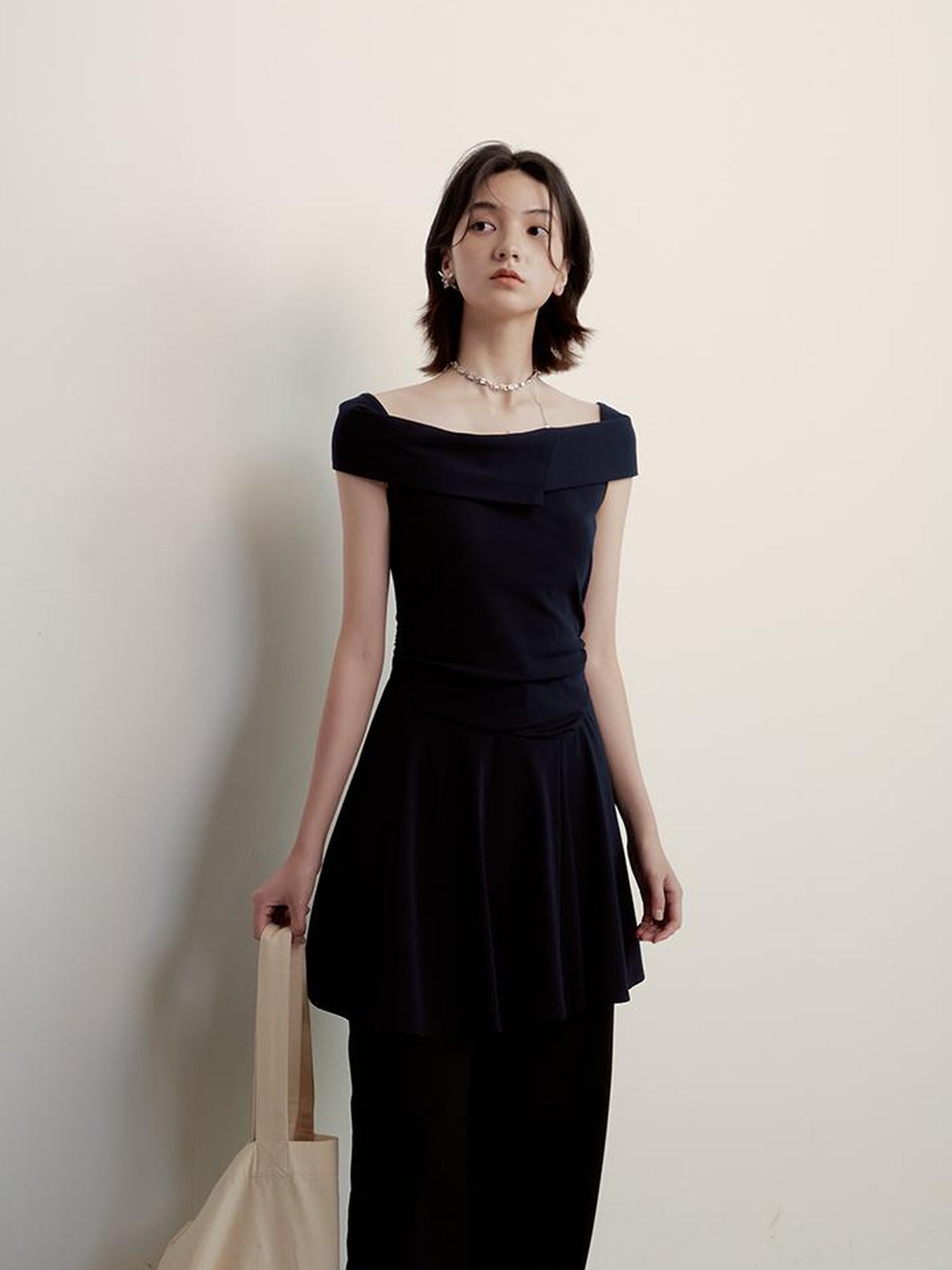 FUSSED Midnight Flight Prussian Blue Asymmetric One Shoulder Dress