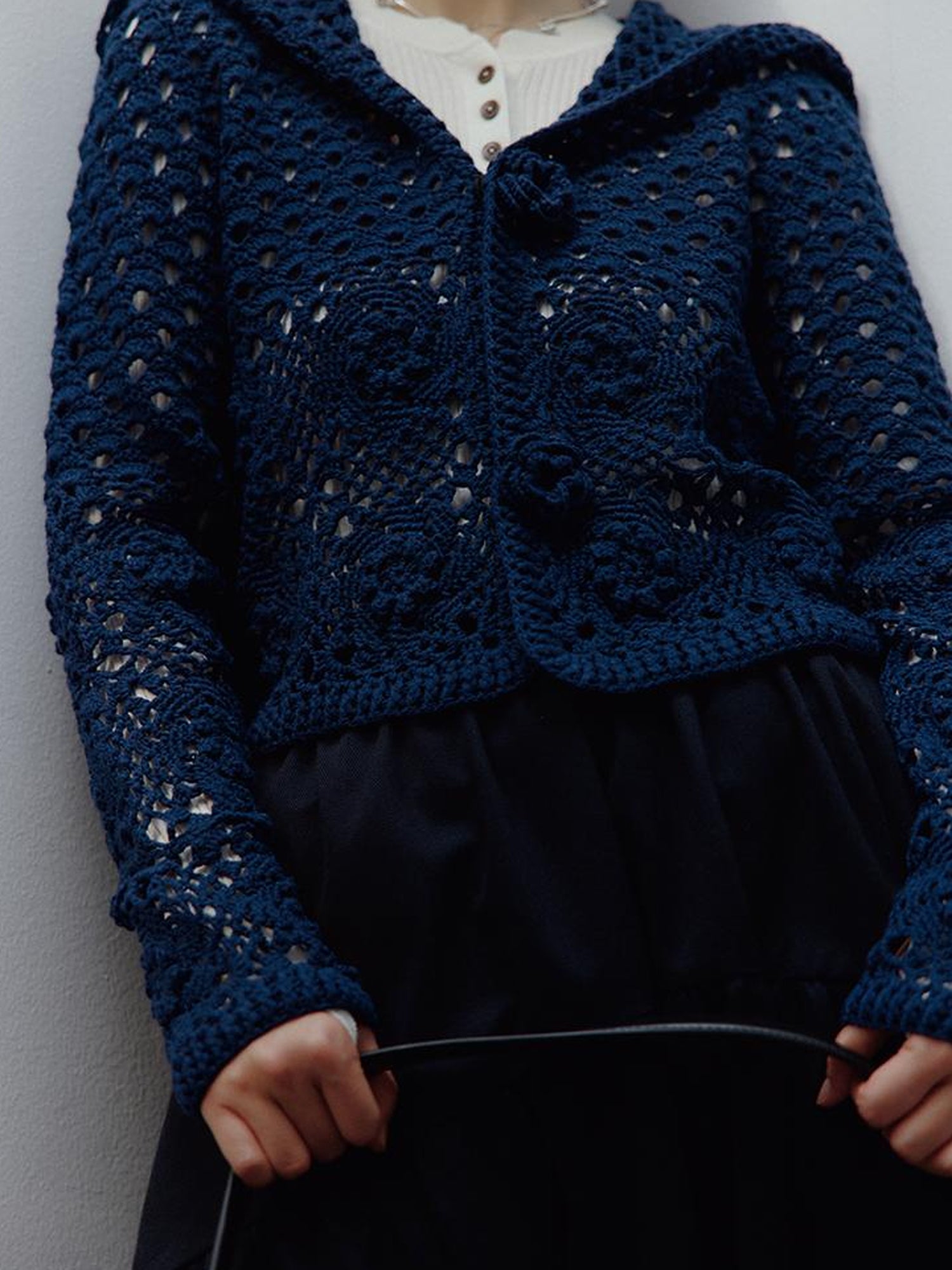 FUSSED Midnight Garden Hand Crochet Lace Rose Evening Blue Cardigan