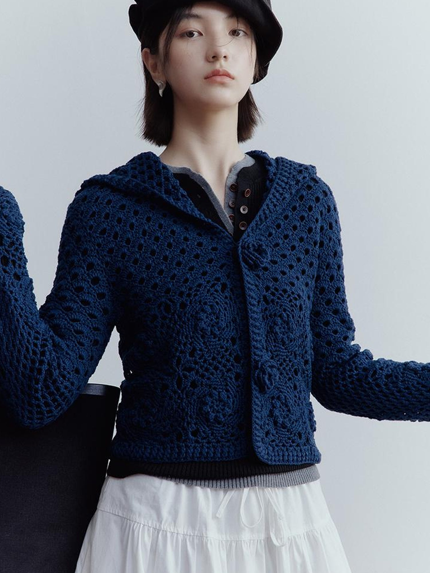 FUSSED Midnight Garden Hand Crochet Lace Rose Evening Blue Cardigan