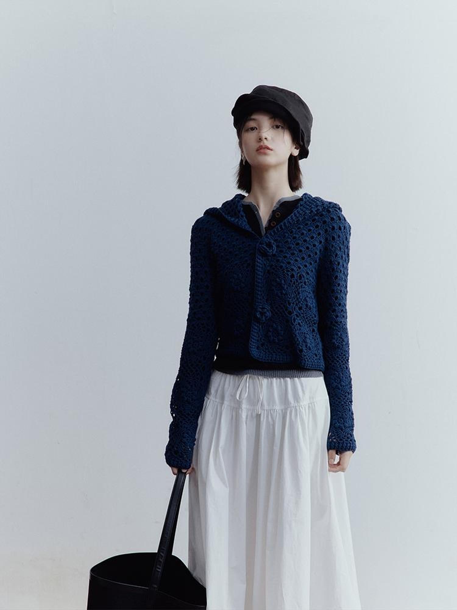 FUSSED Midnight Garden Hand Crochet Lace Rose Evening Blue Cardigan