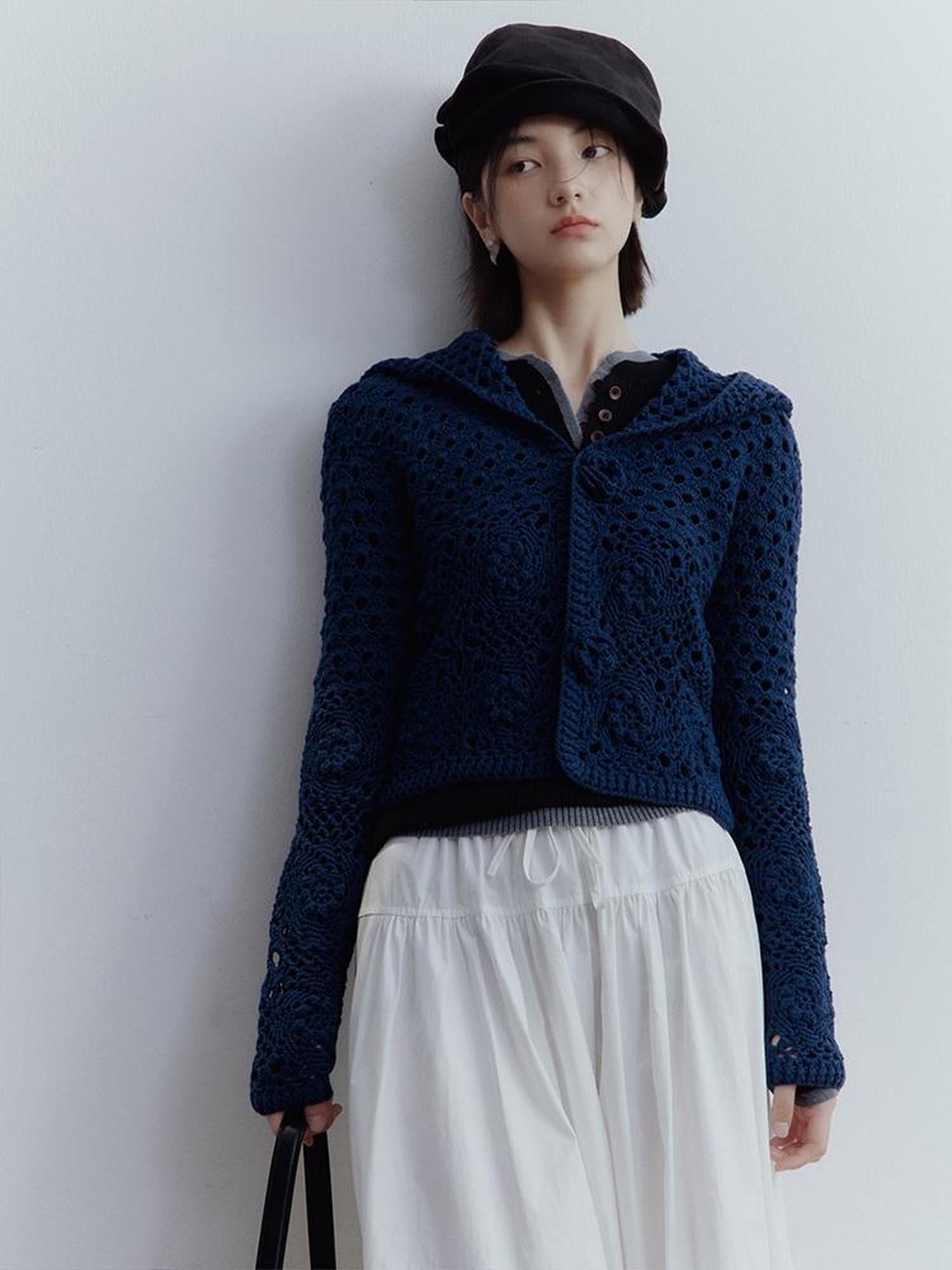 FUSSED Midnight Garden Hand Crochet Lace Rose Evening Blue Cardigan