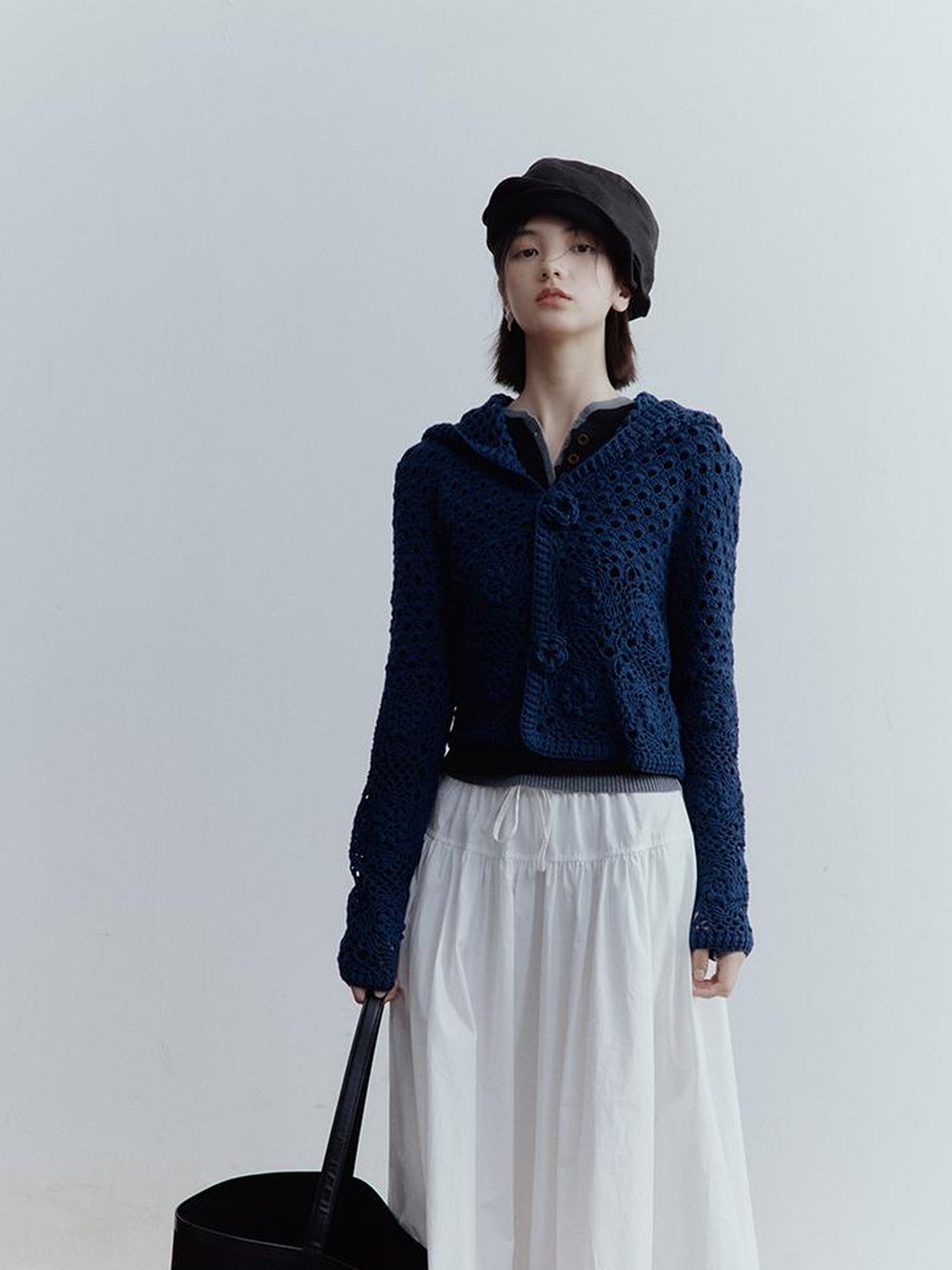 FUSSED Midnight Garden Hand Crochet Lace Rose Evening Blue Cardigan