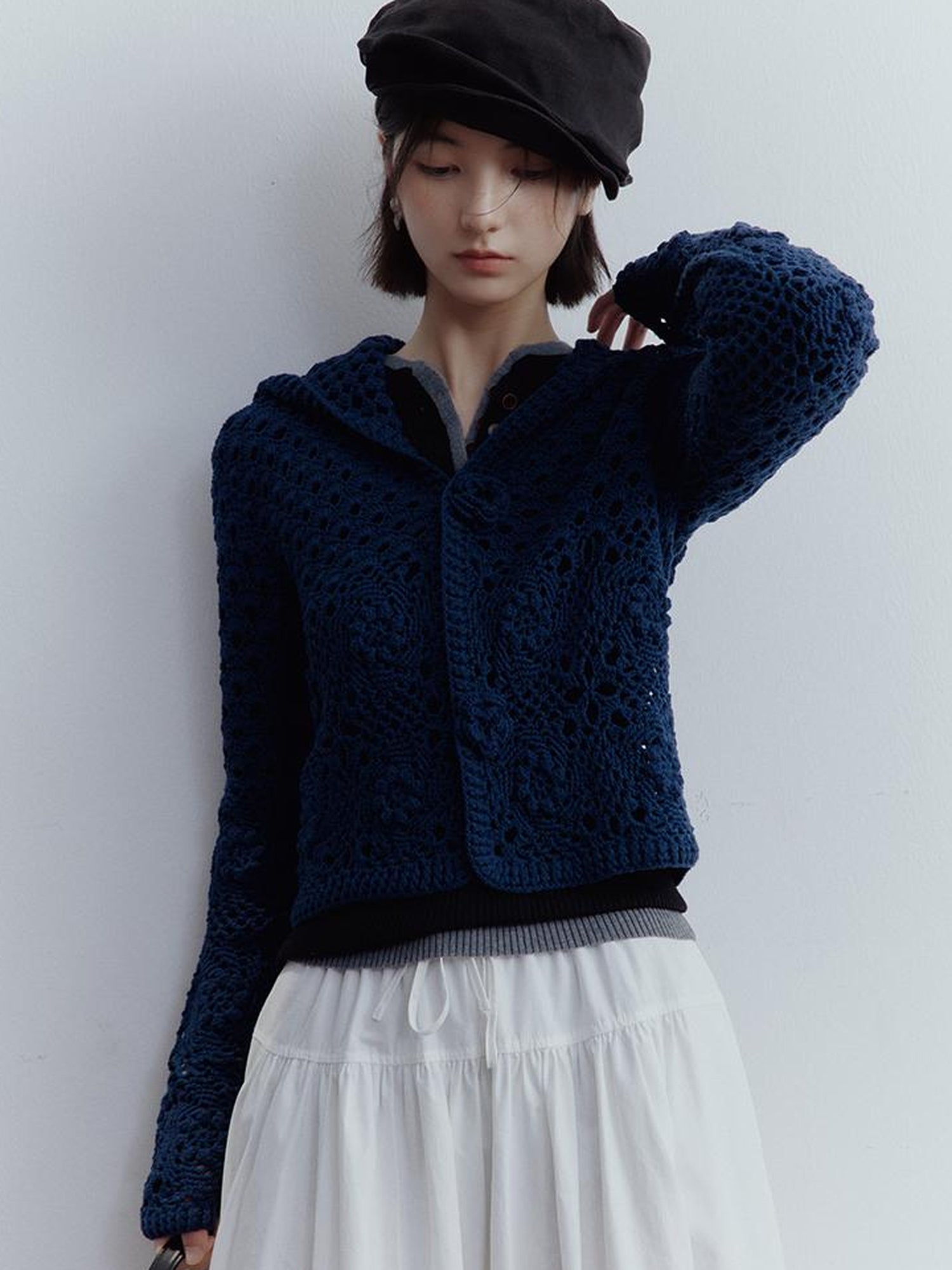 FUSSED Midnight Garden Hand Crochet Lace Rose Evening Blue Cardigan