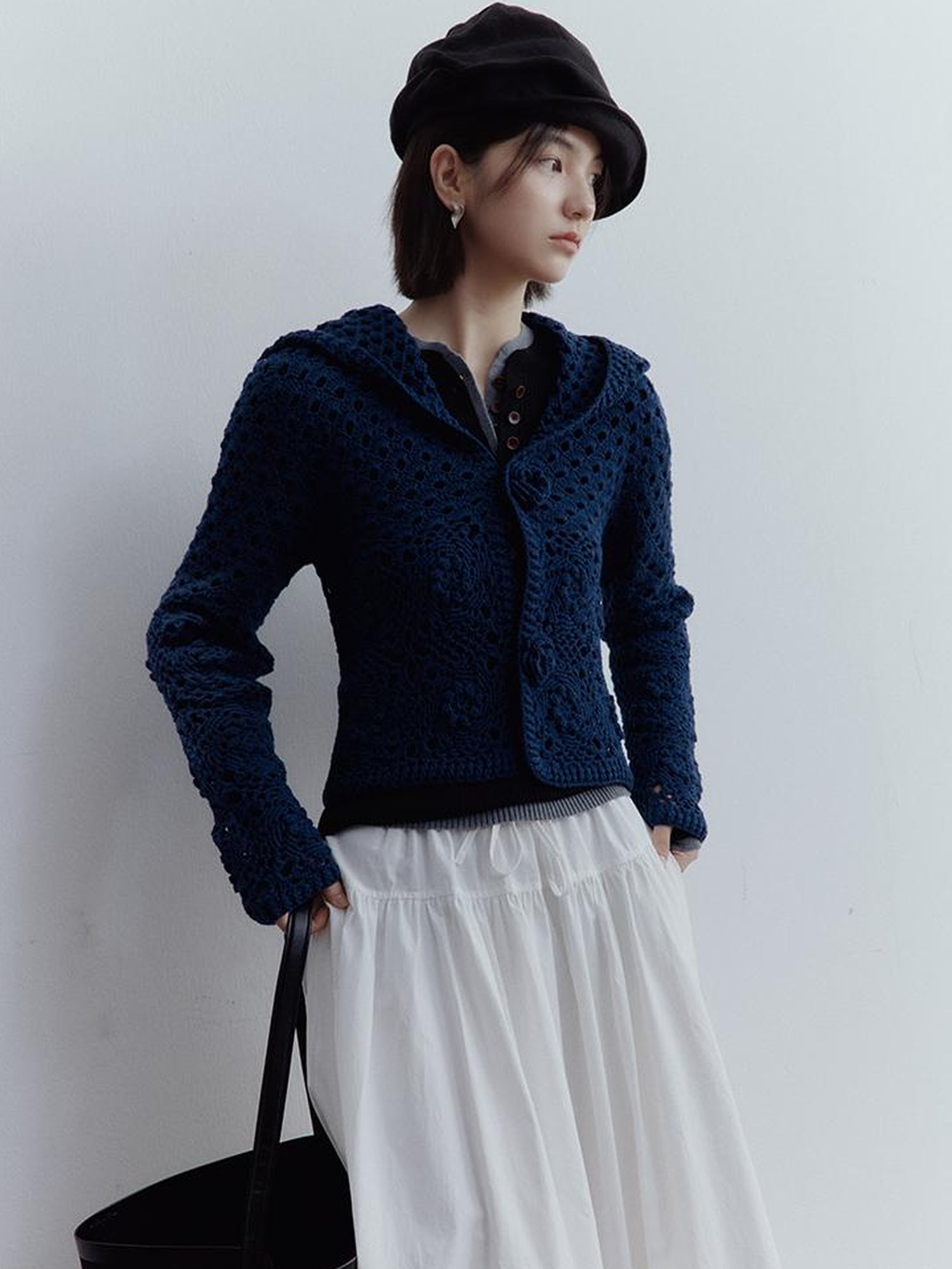 FUSSED Midnight Garden Hand Crochet Lace Rose Evening Blue Cardigan