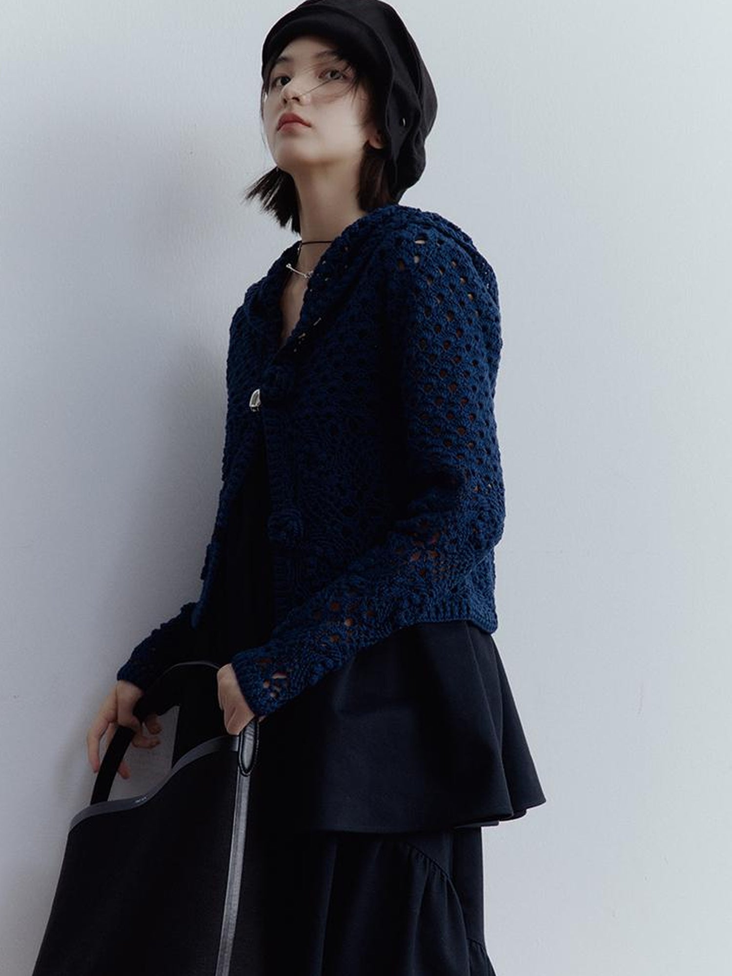 FUSSED Midnight Garden Hand Crochet Lace Rose Evening Blue Cardigan